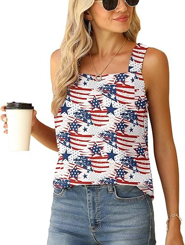QUEZHU American Flag Blouse Tank Tops for Women Summer Square Neck Chiffon Sleev
