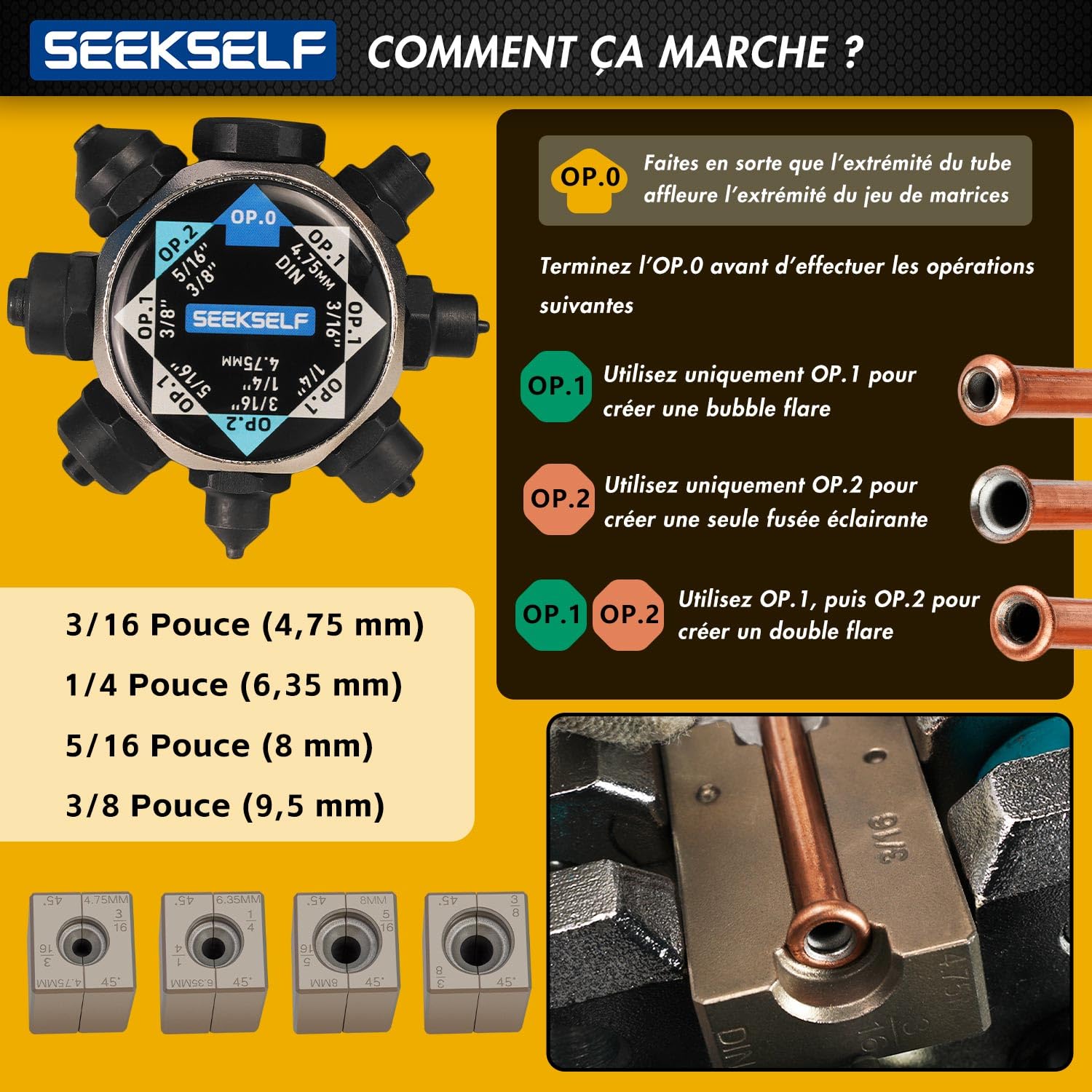 Kit d'Outils d'Evasement de Tuyau de Frein, 45 Degrés Évasements Simples, Doubles et à Bulles pour Tuyaux de 3/16, 1/4, 5/16, 3/8 Pouces (4,75mm 6,35mm 8mm 9,5mm)