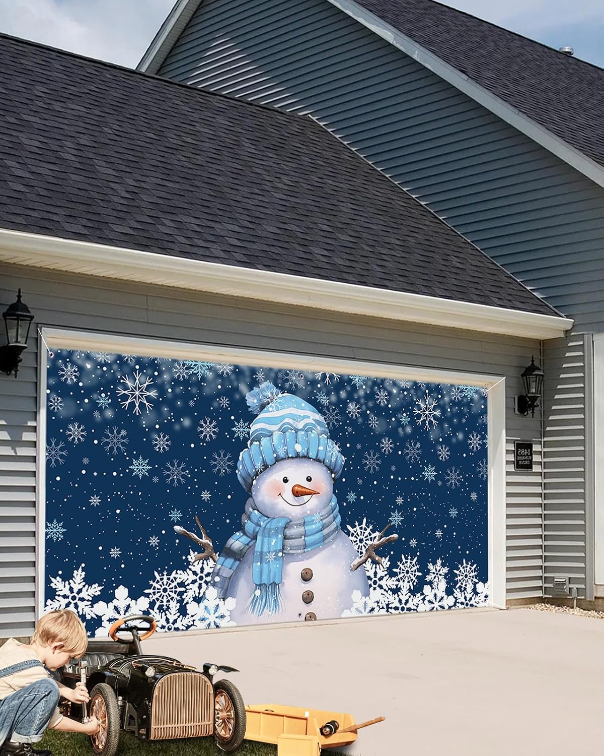 Christmas Garage Door Banner Cover 7 x 8 ft, Christmas Snowman White Snowflakes Dark Blue Christmas Garage Door Decorations Holiday Christmas Backdrop Decor for Winter New Year Xmas Party image 4