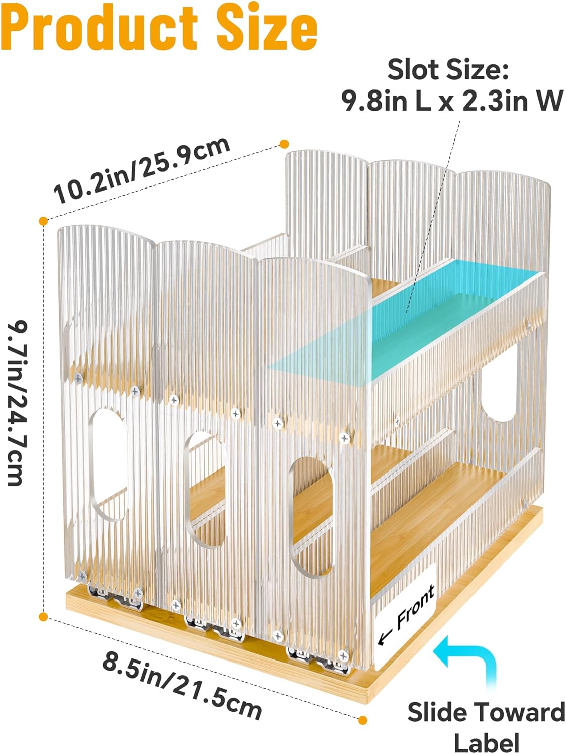 NiHome Bamboo Spice Rack Organizer for Cabinet, 3 Drawer Vertical Pull-Out Storage With Corrugated Acrylic Dividers, Two-Tier Design With Full-Extension Ball Bearing Slides (8.5 Inch Width)