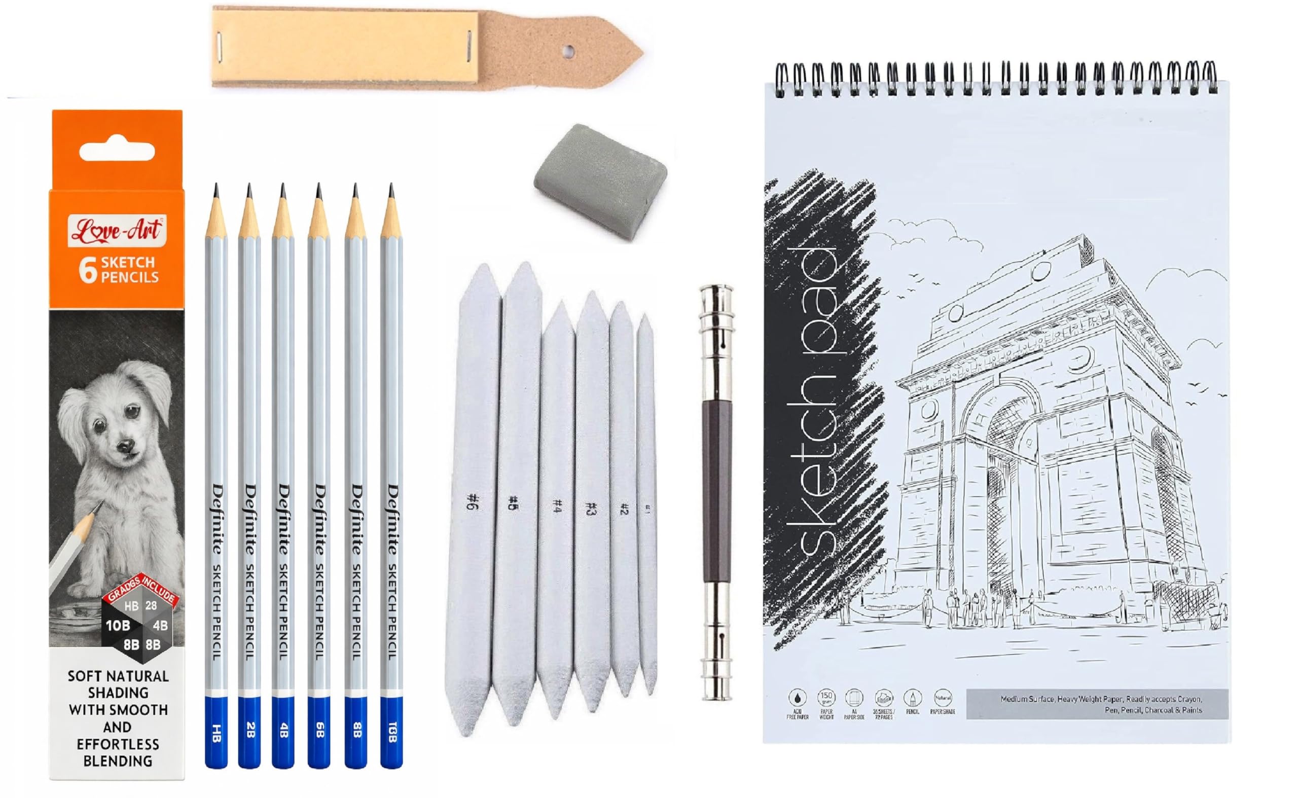 Artline Graphite Pencils Set, HB 2B 4B 6B 8B 10B, with A5 Sketch Pad, 6 Paper Blending Stumps, Sandpaper Eraser, Pencil Extender, for Sketching Drawing Shading Portraits-image-34