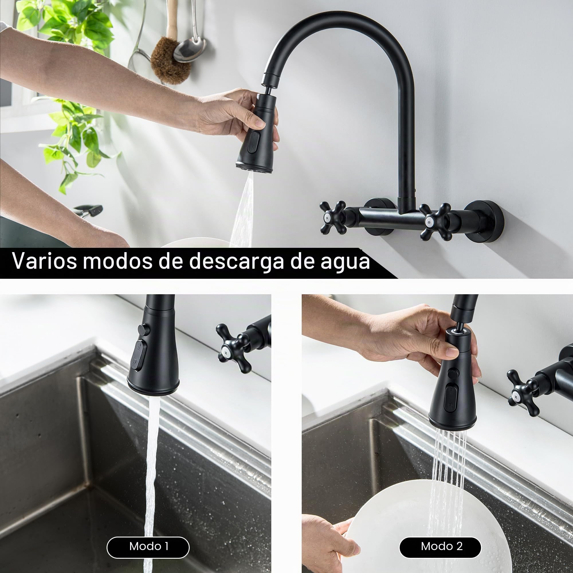 Grifo Cocina Pared Negro, Griferia de Fregadero en la Pared Giratorio a 360​° Grifo Cocina Aireador Extraíble, Agua Fría y Caliente con Rociador de 3 Funciones (27cm)