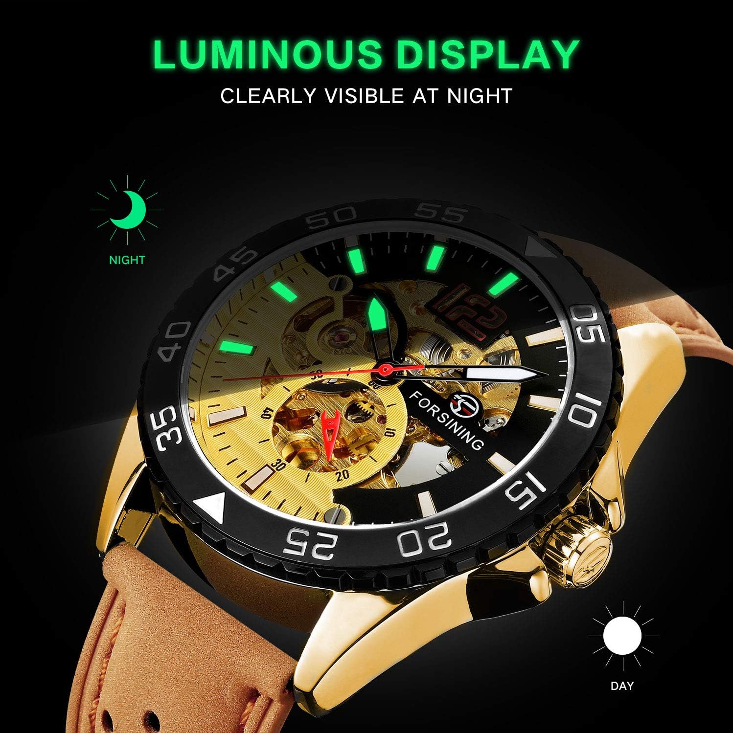 IK COLOURING Men's Watch, Mechanical Two-Tone Face Skeleton Steampunk Design Automatic Self-Winding Arabic Numeral Wrist Watch - Image 4