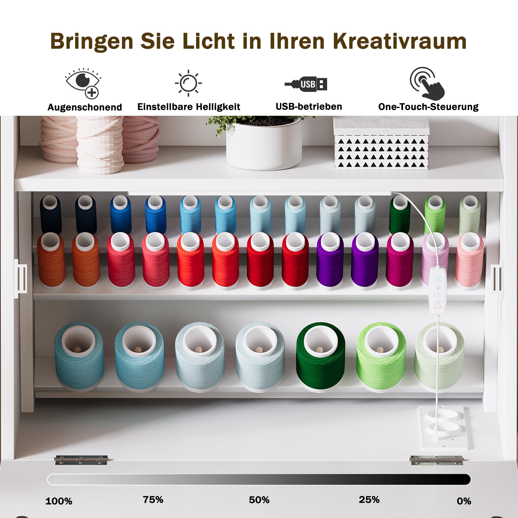 LED Nähtisch klappbar mit 33-Fach Garnhalter & 2 Steckdosen, USB+Typ-C Nähmaschinenschrank mit viel Stauraum, Mobiler Nähmaschinentisch auf Rollen, Platzsparender Basteltisch für Nähzubehör
