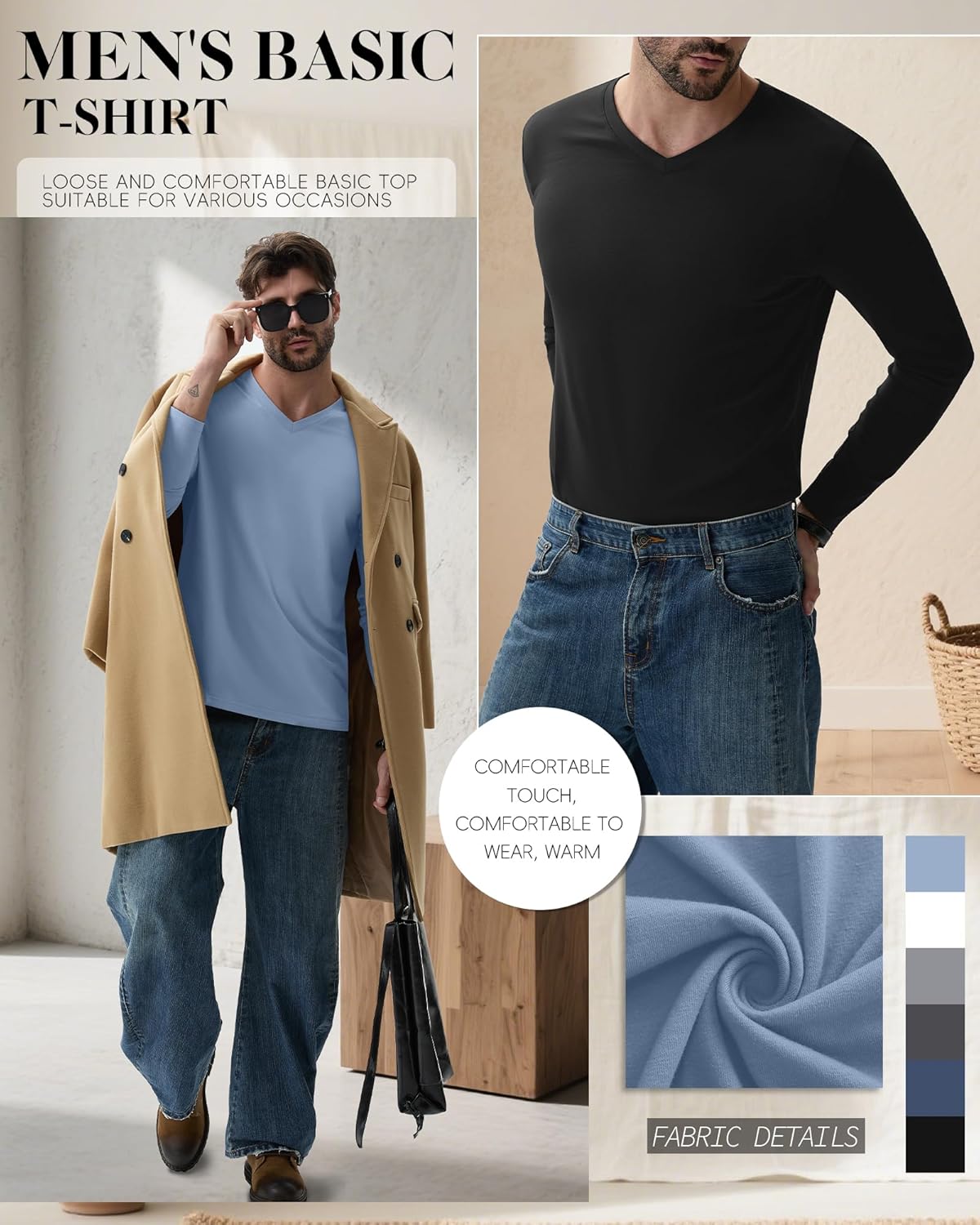 6 Pack Big and Tall Shirts for Men L-7xl Cotton Long Sleeve V Neck Loose Fit Tops Casual Basic Tee Multipack - Image 4