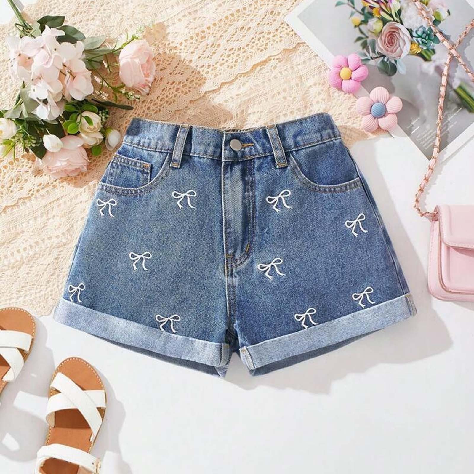 Pantalones cortos de mezclilla casuales para niñas | Pantalones cortos de verano con cintura elástica y pierna ancha para niños y adolescentes