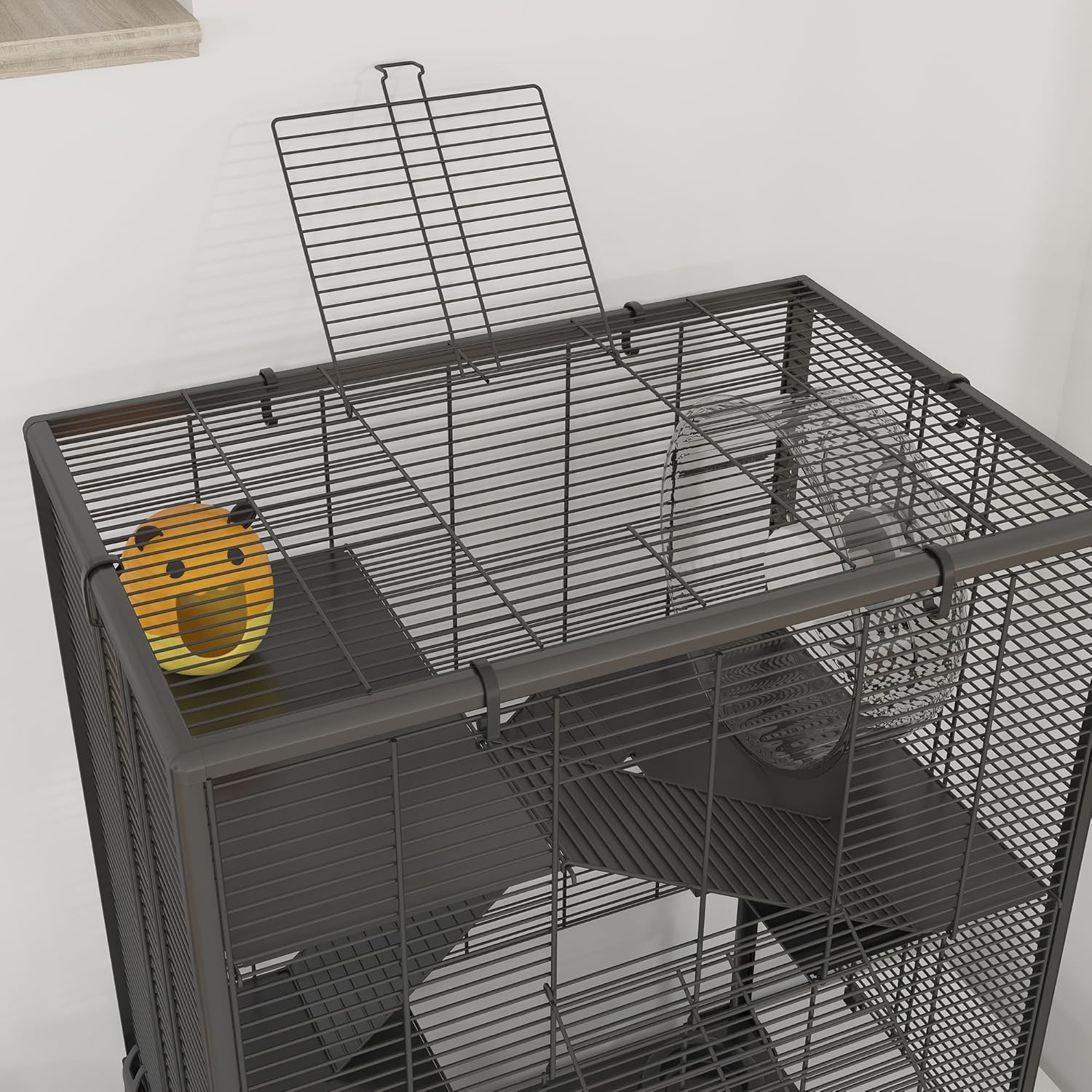 PawHut Large Hamster Cage with 9" Deep Tempered Glass Bottom, 4 Tiers Hamster Tank with Running Wheel, Hut, Water Bottle, Dish, Rat Cage for Syrian, Dwarf, Gerbils, Mouse, 24" x 16" x 31.5", Black