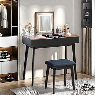 Vanity Desk, Flip Top Makeup Vanity Table with Power Outlet, Makeup Vani...