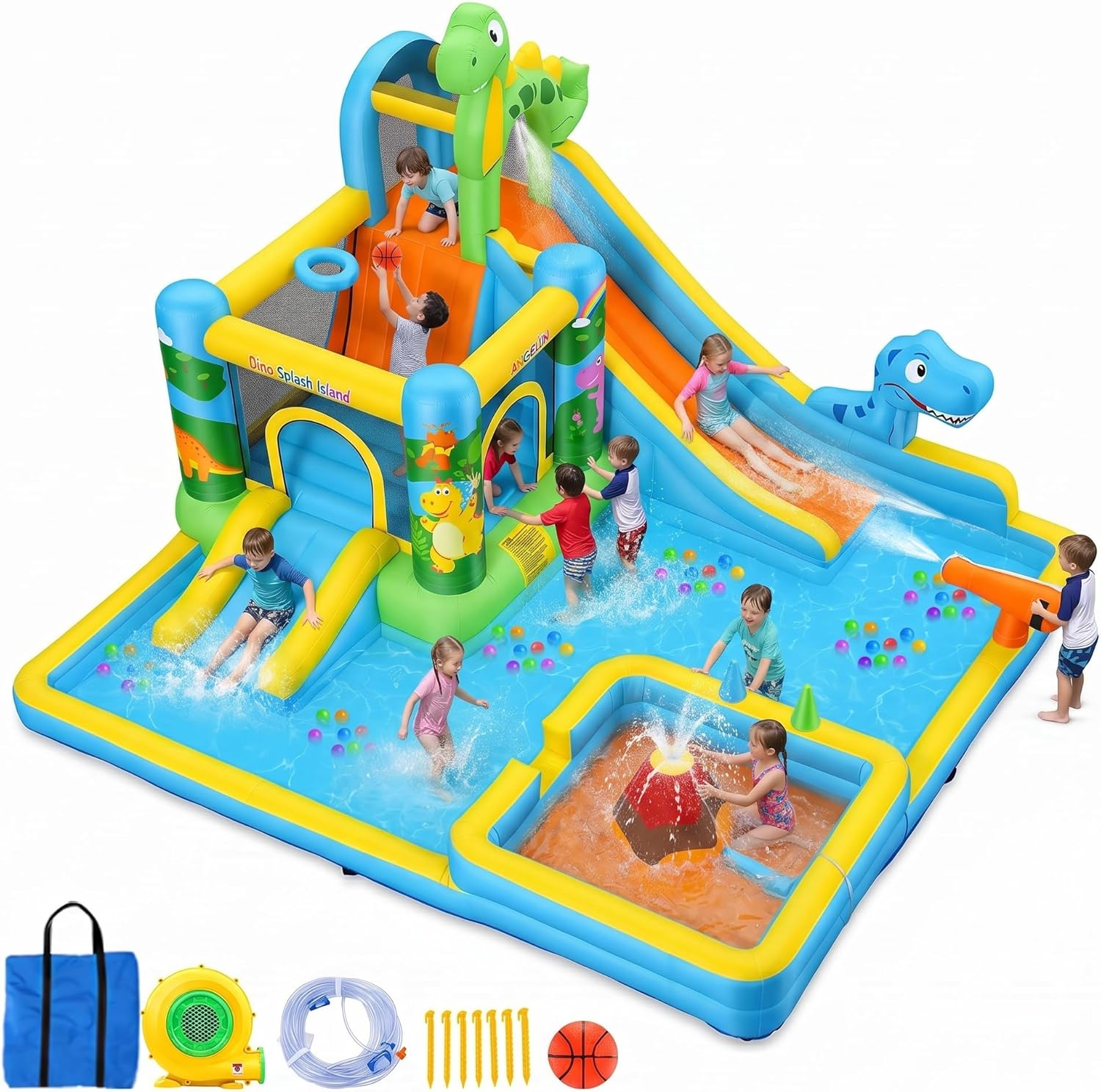 AKEYDIY Bounce House Water Slide, Inflatable Water Slide Park with with Long Slide, Pool, Climbing Wall, Water Gun for Outdoor, Blow up Water Slides Bounce House Castle for Kids Backyard Party Gifts