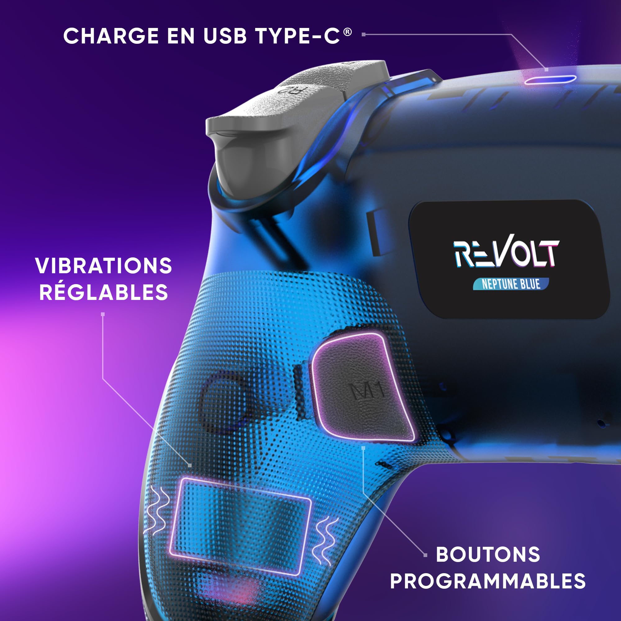 Oniverse Manette sans fil pour PS4, PS3, PC, Android iOS, prise casque, joystick à effet Hall, batterie rechargeable de 1000 mAh, touches macro, fonction réveil, gyroscope 6 axes, Revolt Blue
