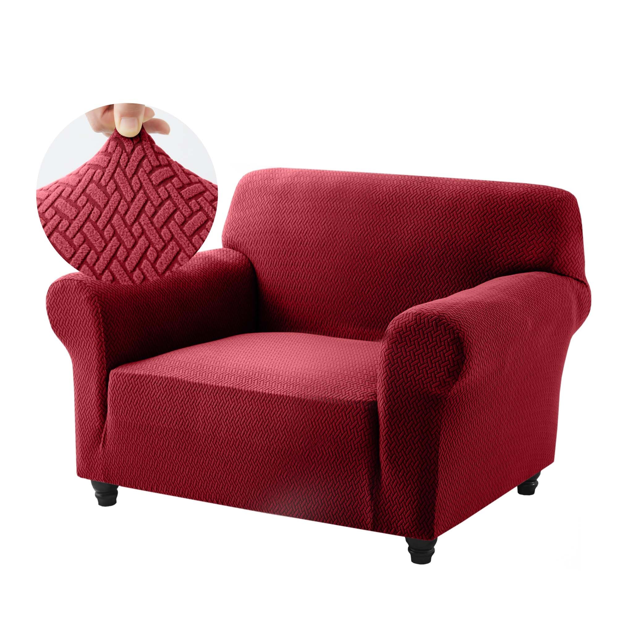 Hafaa High Stretch Sofa Cover โ Elastic Fit Chair Covers Non Slip Sofa Slipcovers Jacquard Spandex T Shape Couch Armchair Cover Soft Washable Furniture Protector for Kids/Pets (1 Seater, Wine Red)