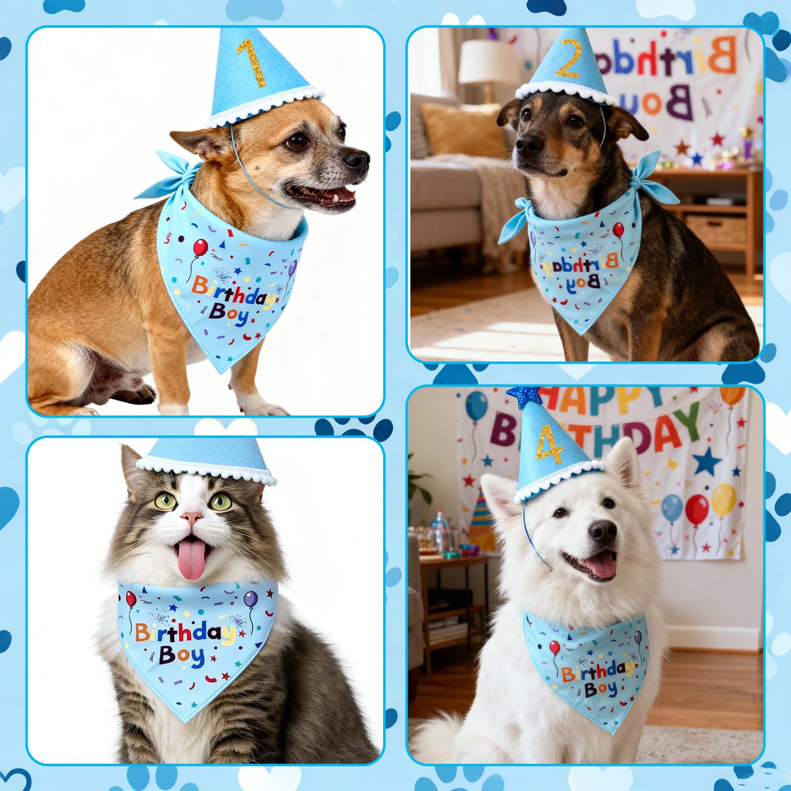 1 Set Decorazioni per Compleanno Cane, Bandana Cane, Sciarpa e Cappellino da Festa per Cani, Bavaglino per Cani per Compleanno, Accessori per Cappello di Compleannos (blu)