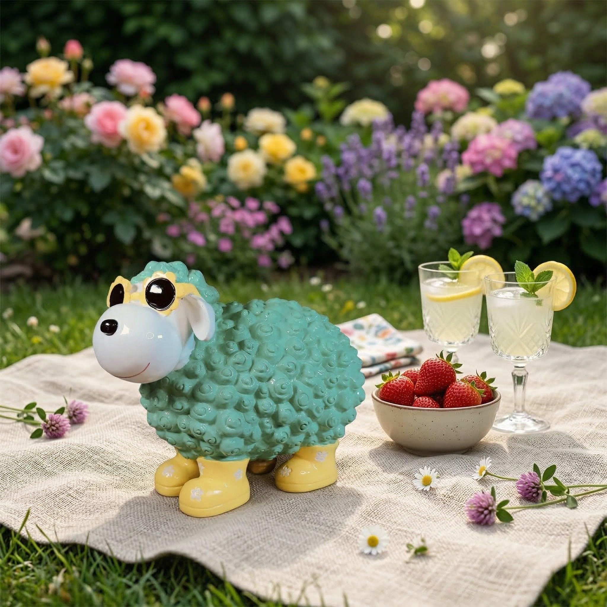 colourliving Schaf Figur mit Blumenbrille aus Polyresin lustige Gartenfigur