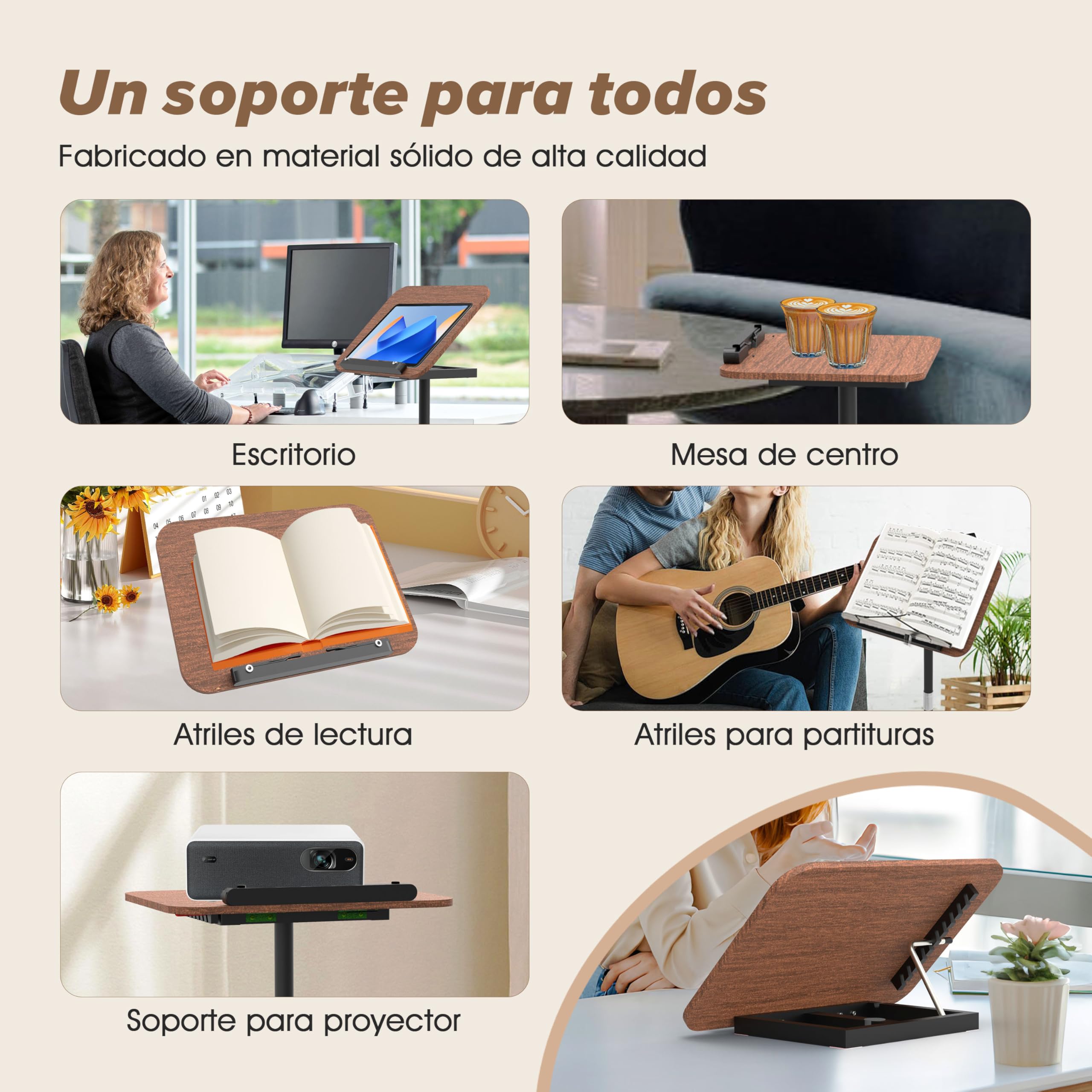 Atril ajustable 2 en 1 para lectura, doble uso, para escritorio y suelo, con bandeja y clips elásticos para partituras, recetas, tabletas y portátiles, altura ajustable de 23,5 a 52 pulgadas (Nogal)
