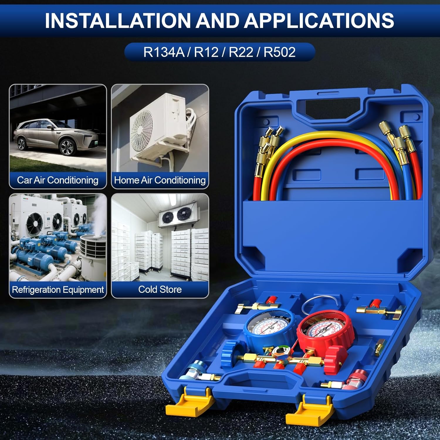 Luney 3 Way AC Gauges Set, AC Manifold Gauge Set for R134a R12 R22 R502 Refrigerant, Automotive HVAC Freon Recharge Kit with 5FT Flameproof Hoses, Couplers, Adapter, Self Sealing & Puncturing Can Tap