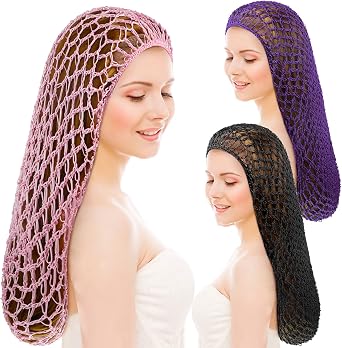 3 Pcs Mesh Crochet Hair Nets Rayon Knit Snood Hat Cover 20 Inch Crocheted Sleeping Cap for Women Long Curly Hair