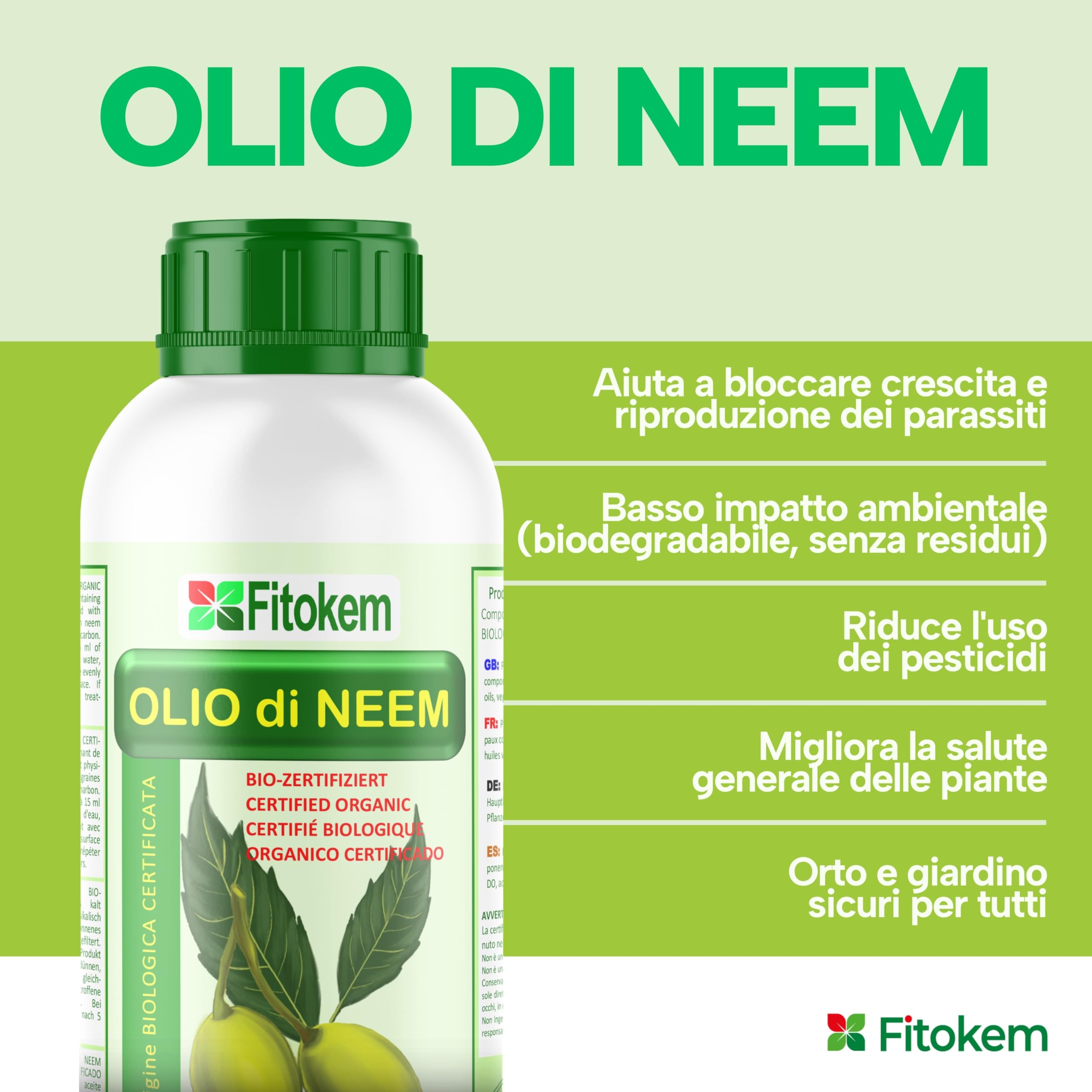 Fitokem Sapone Molle di Potassio 1lt e Olio di Neem 1lt Kit Protezione Piante Corroborante Naturale per Orto e Giardino contro Afidi e Cocciniglia Residuo Zero Made in Italy