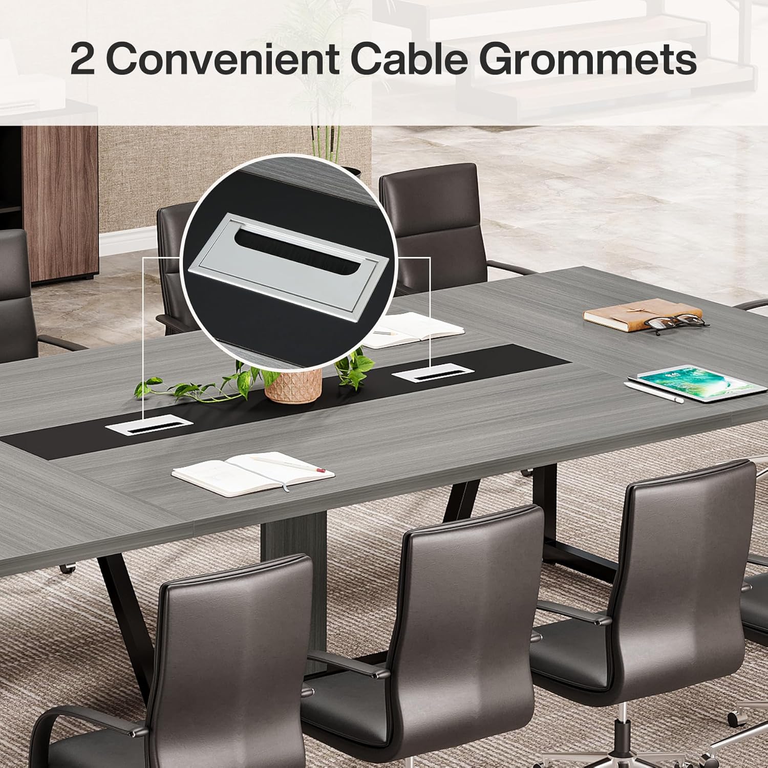 Tribesigns 8FT Large Conference Table for 10 People, Industrial 94.5-Inch Meeting Table with Two Grommets, Rectangular Podcast Training Table for Home Office, Studio, Business, 2 PCS