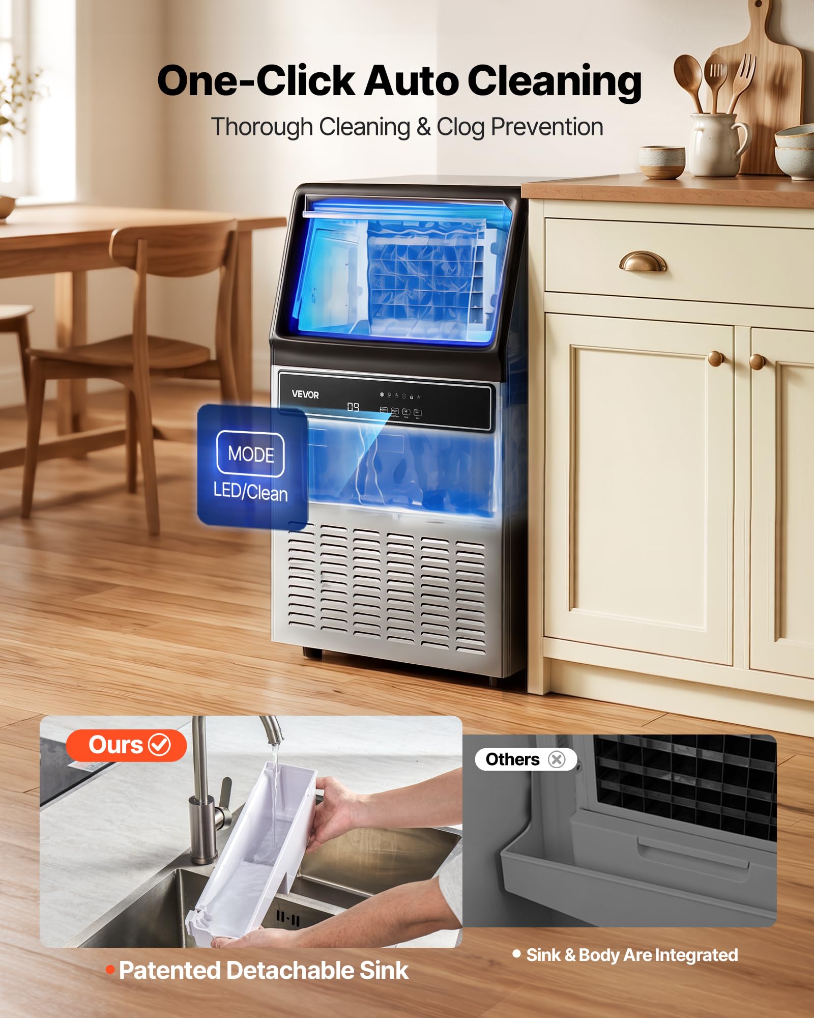 VEVOR Machine à Glaçons Commerciale 54,4 kg/24 h, Appareil de Préparation de Glaçons avec Capacité de Stockage de 15 kg, 45 Cubes par Cycle, avec Écran LED et Nettoyage Automatique, Restaurant Bar