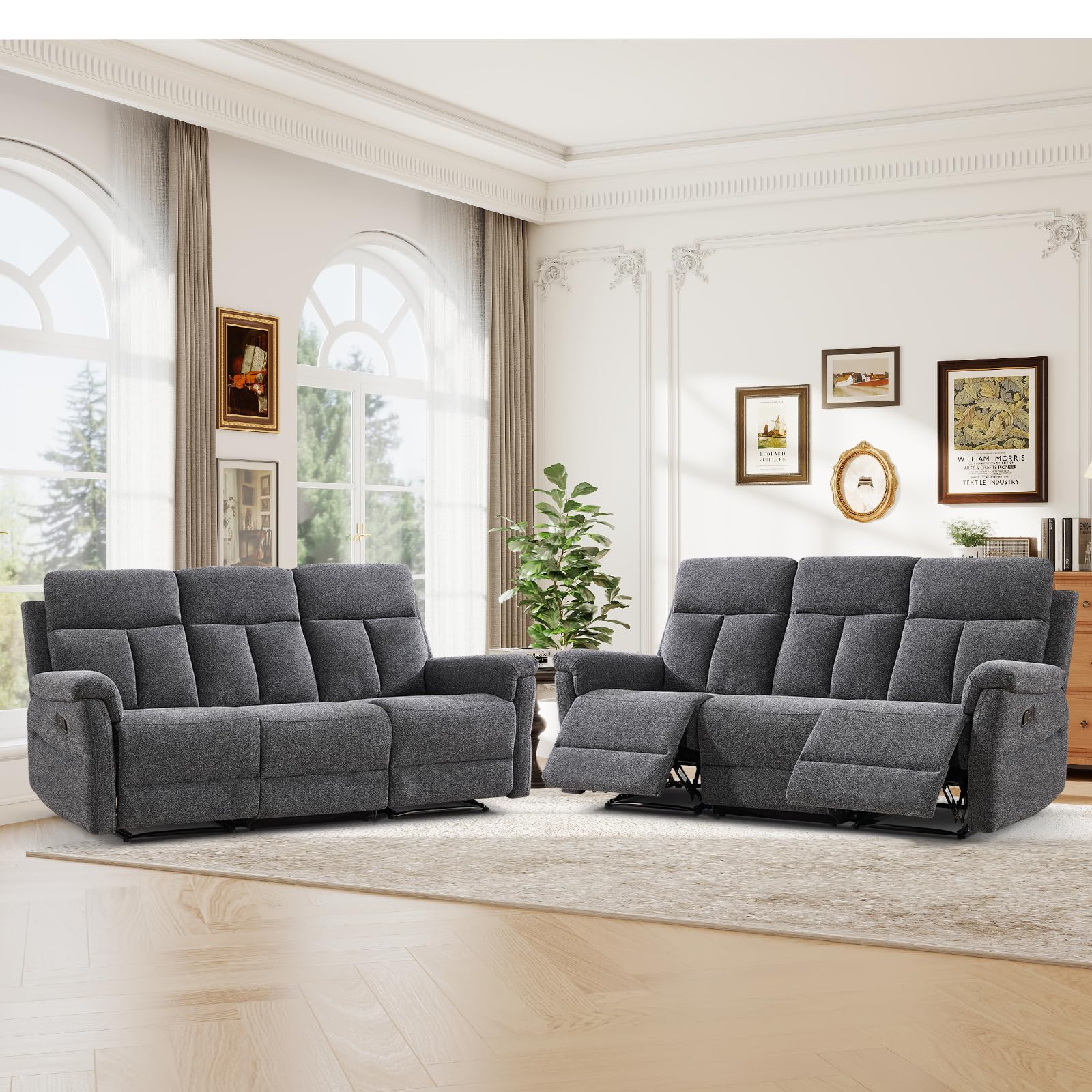 ANJ 2-Piece Manual Reclining Sofa Set, 3 Seat Recliner Couches with Padded Arms and Supportive Backrest, Comfortable Fabric Reclining Couch Set for Living Room, Dark Grey