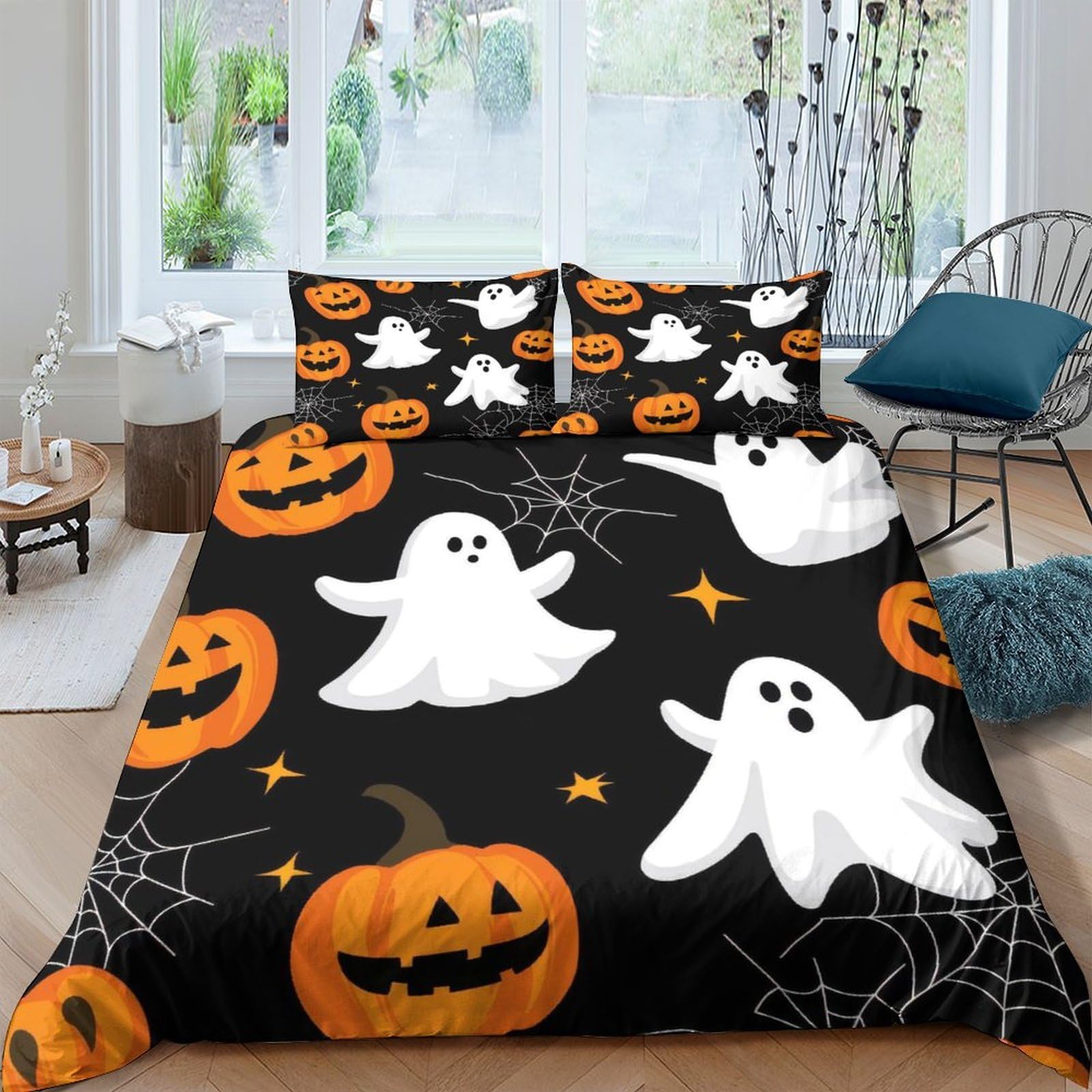 GPLZQXKJNH 3D Printed Halloween Ghost Duvet Cover Microfiber Soft Pumpkin Quilt Cover Set with 2 Pillowcases for Bedroom Decor Single（135x200cm）