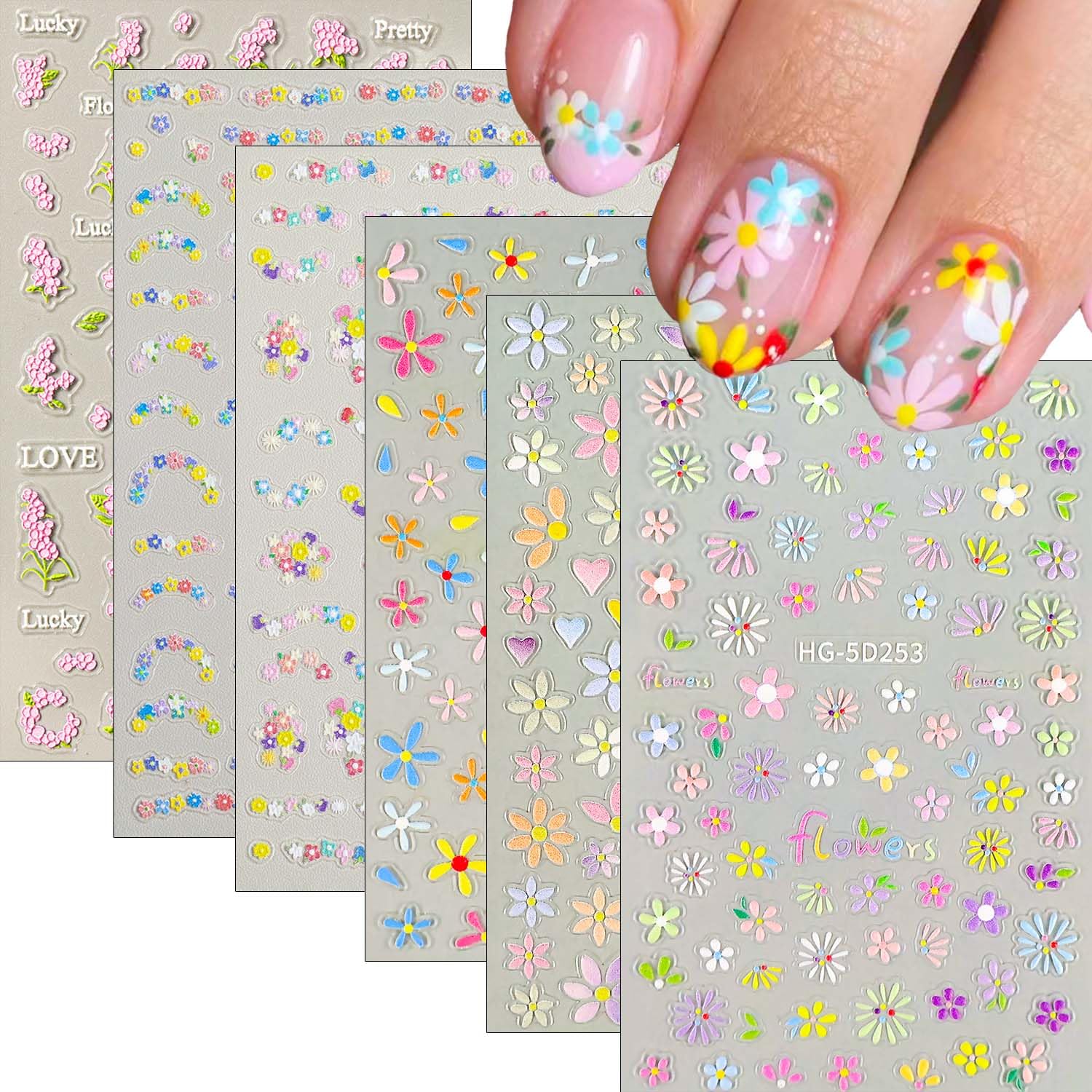 6 Sheet Flower Nail Sticker 5D Embossed Nail Art Decals Spring Nail Art Sticker Colorful Summer Floral Leaf Nail Decals Self-Adhesive Nail Supplies