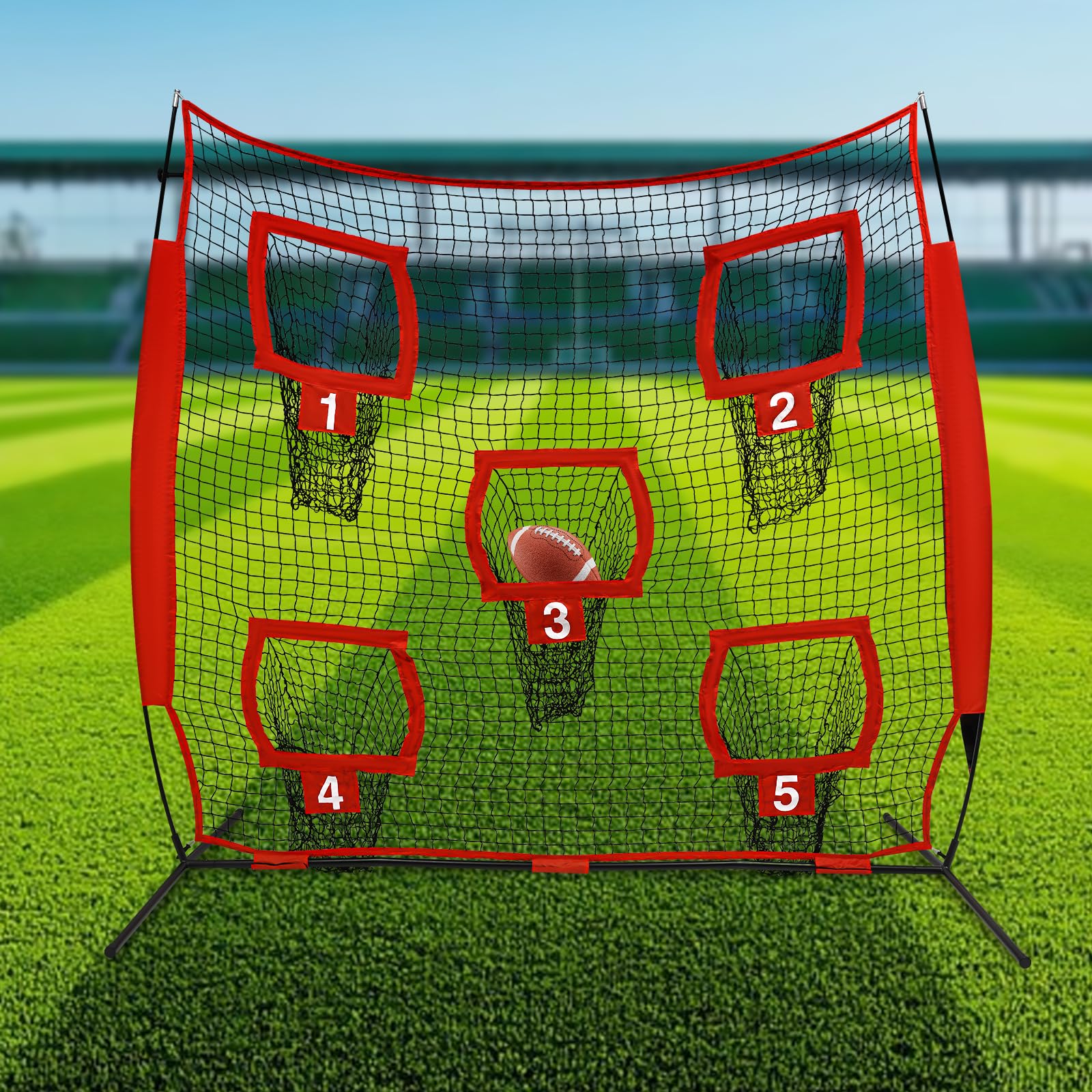 Red de rugby con 5 bolsillos para objetivos, red de entrenamiento de alta calidad para un ajuste perfecto, entrenamiento en interiores y exteriores, 7 x 7 pies, color rojo