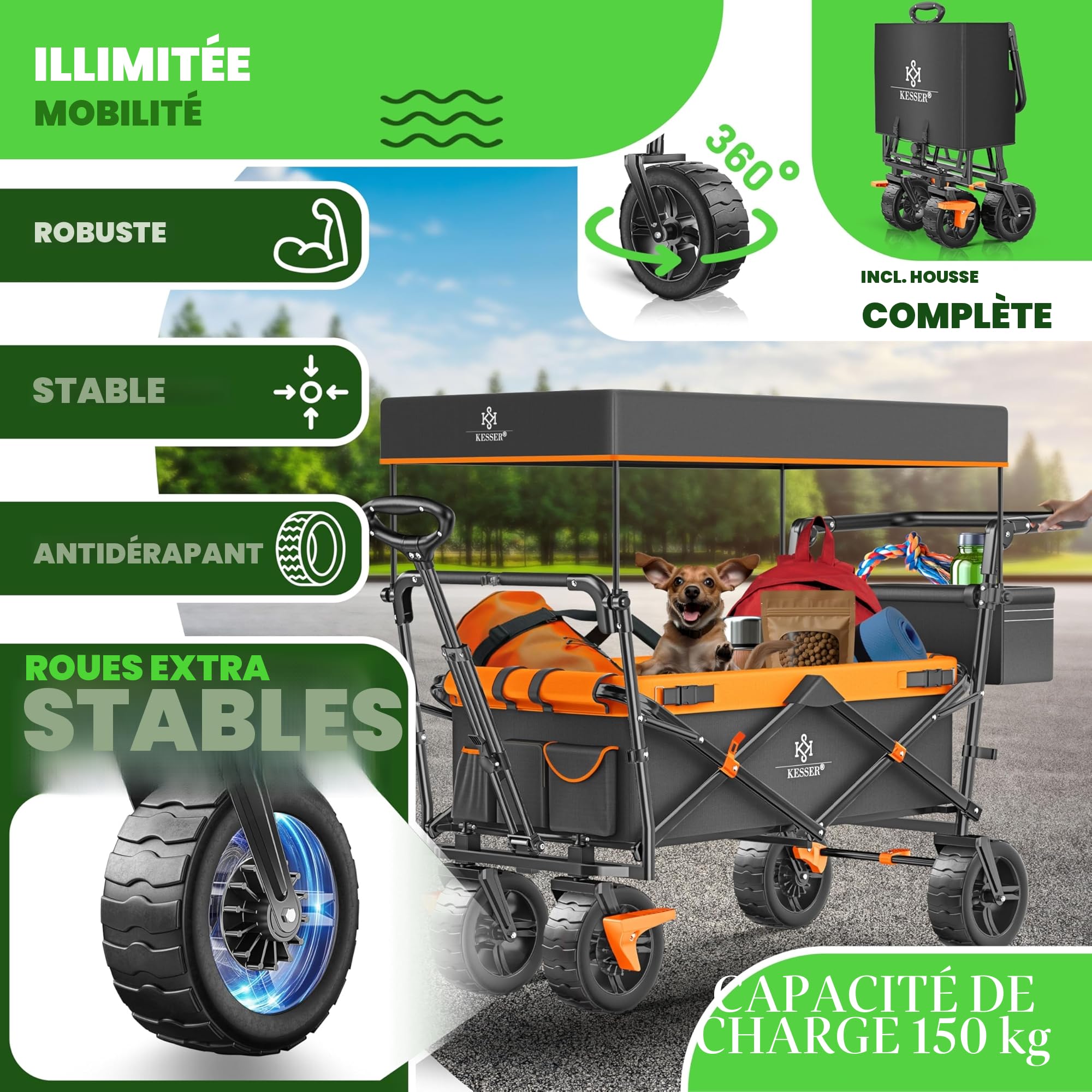 KESSER GT9000 Chariot de transport pliable avec toit - Charge maximale : 150 kg - Avec roues en caoutchouc dur et freins de stationnement (avant et arrière) - Avec serrure, couverture, intempéries et