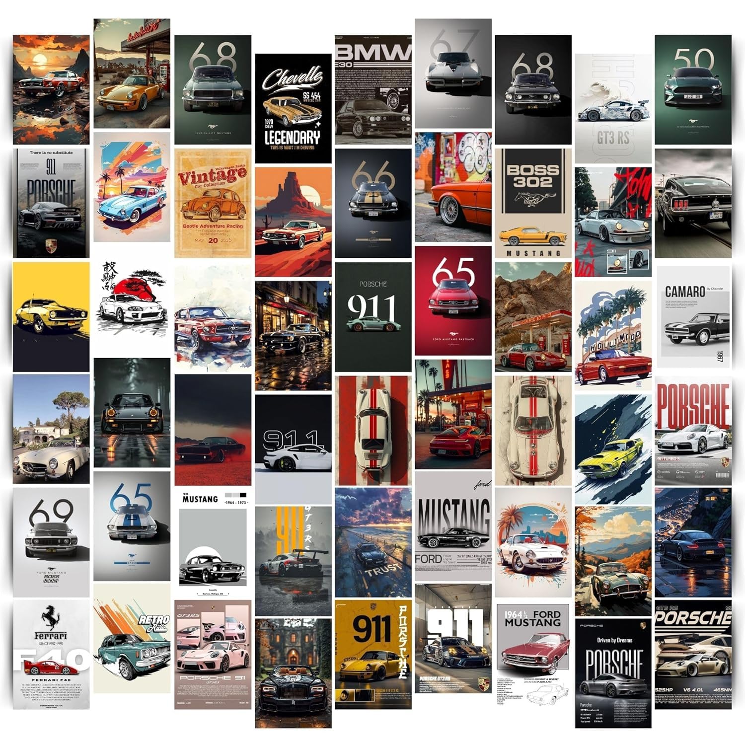 54 Pcs Vintage Super Cars Posters for Wall Art Collage Kit, Car Pictures and Photos for Room Decor Aesthetic, Small Mini Gaming Poster 300 GSM Matte Paper A6 Size 4x6 Inch with Glue Dots