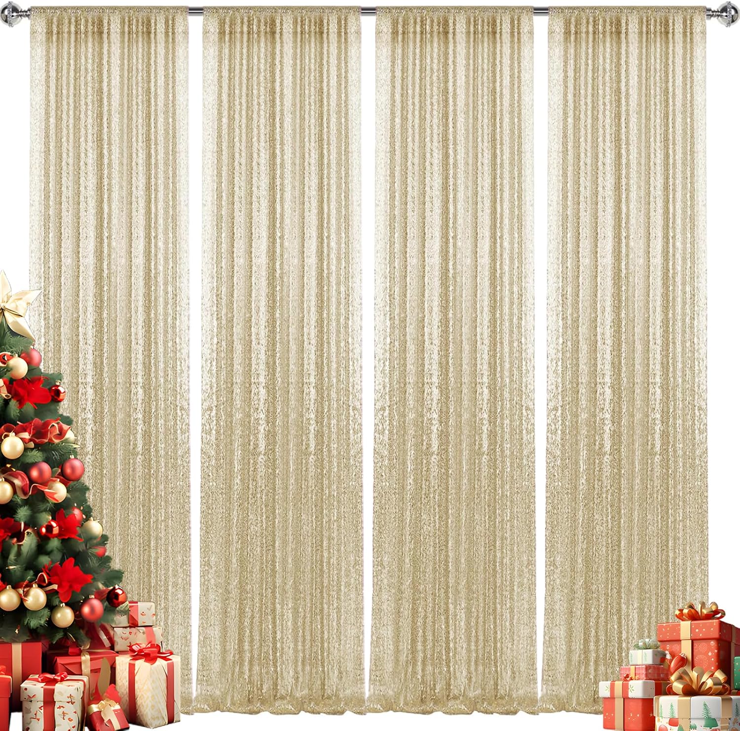 2×8FT-4PCS Champagne Sequin Backdrop Curtains Panels, Photography Backdrop Glitter Curtains Fabric Background for Christmas Wedding Party Decor 2X8FT-4PCS Champagne