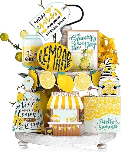 Qunclay 13 piezas de decoración de bandejas escalonadas de limón para cocina, letreros de madera de limonada de verano, bandejas decorativas