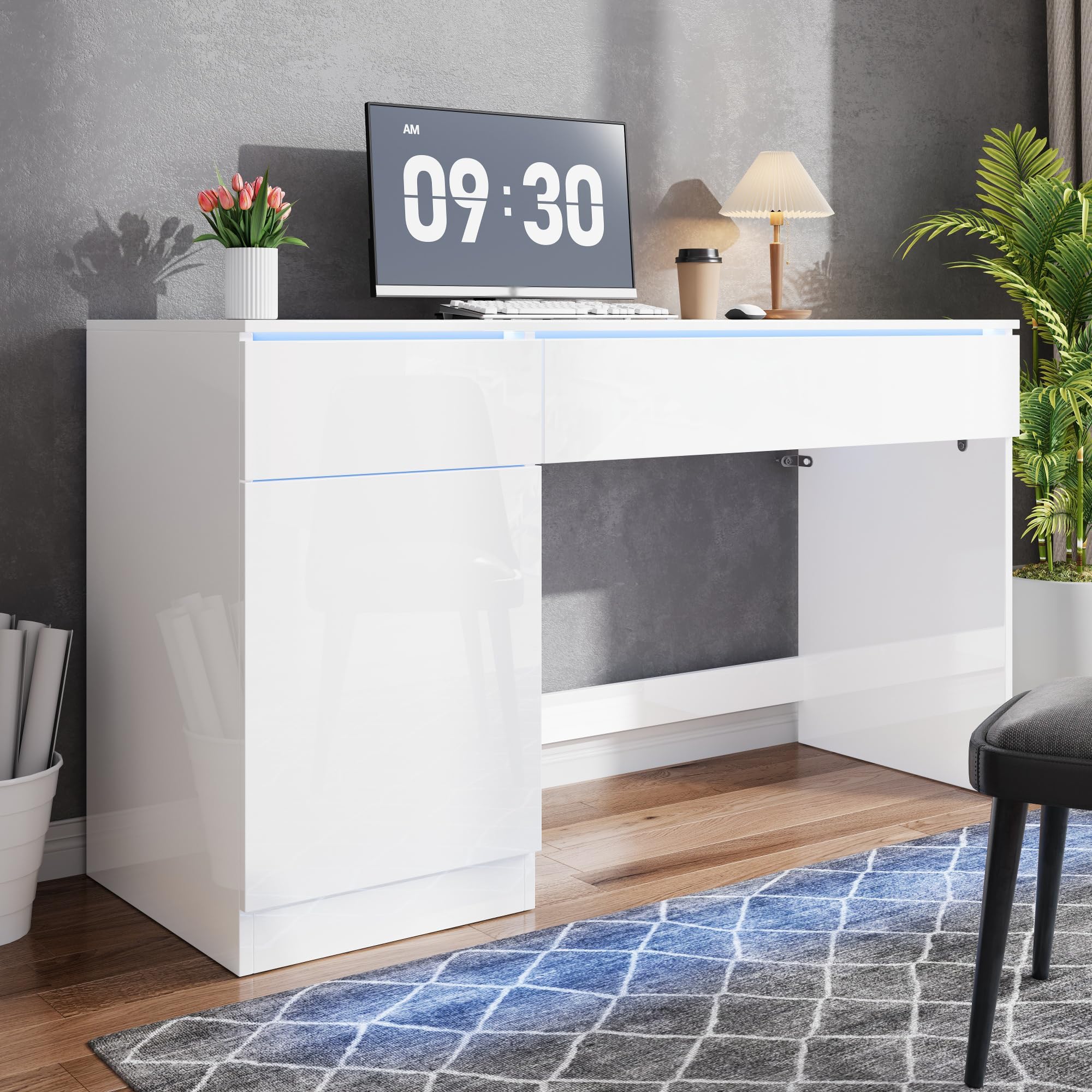 BTM Hochglanz Schreibtisch Weiß mit Schubladen & LED-Beleuchtung, Computertisch und Schminktisch ohne Spiegel 120 x 50cm