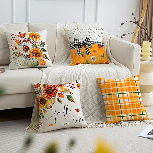 Miniatura 61 de Juego de 4 fundas de almohada de calabaza de otoño de 18 x 18 pulgadas, decoración de otoño, a rayas, para Acción de Gracias, casa de campo, 18 x 18