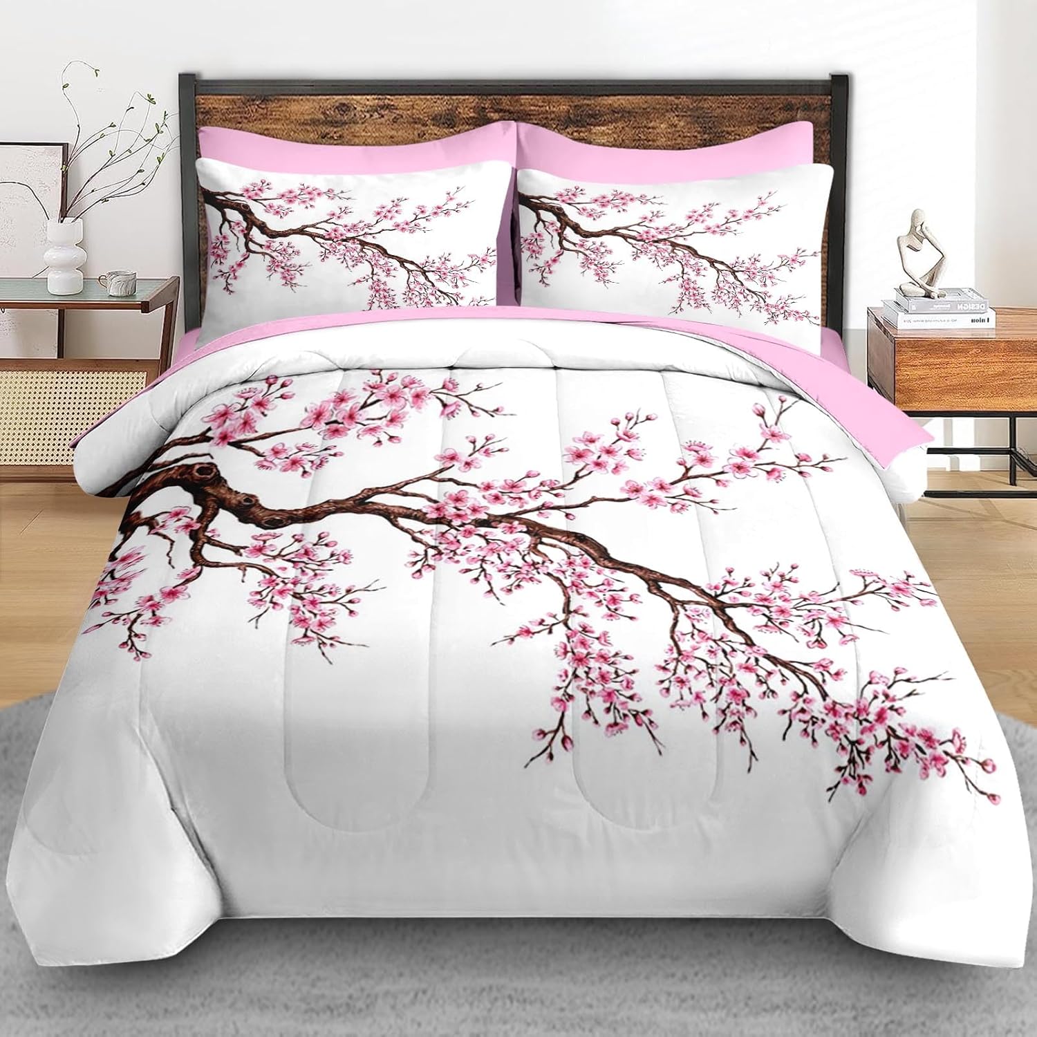 Pamnest Comforter Set King Size, Japanese Cherry Blossom 7 Pcs Bedding for Kids and Adults, Flower Painting Pink Bed Sheet Sets with Fitted Sheet 2 Pillowcase & 2 Sham for Bedroom Bed Decor