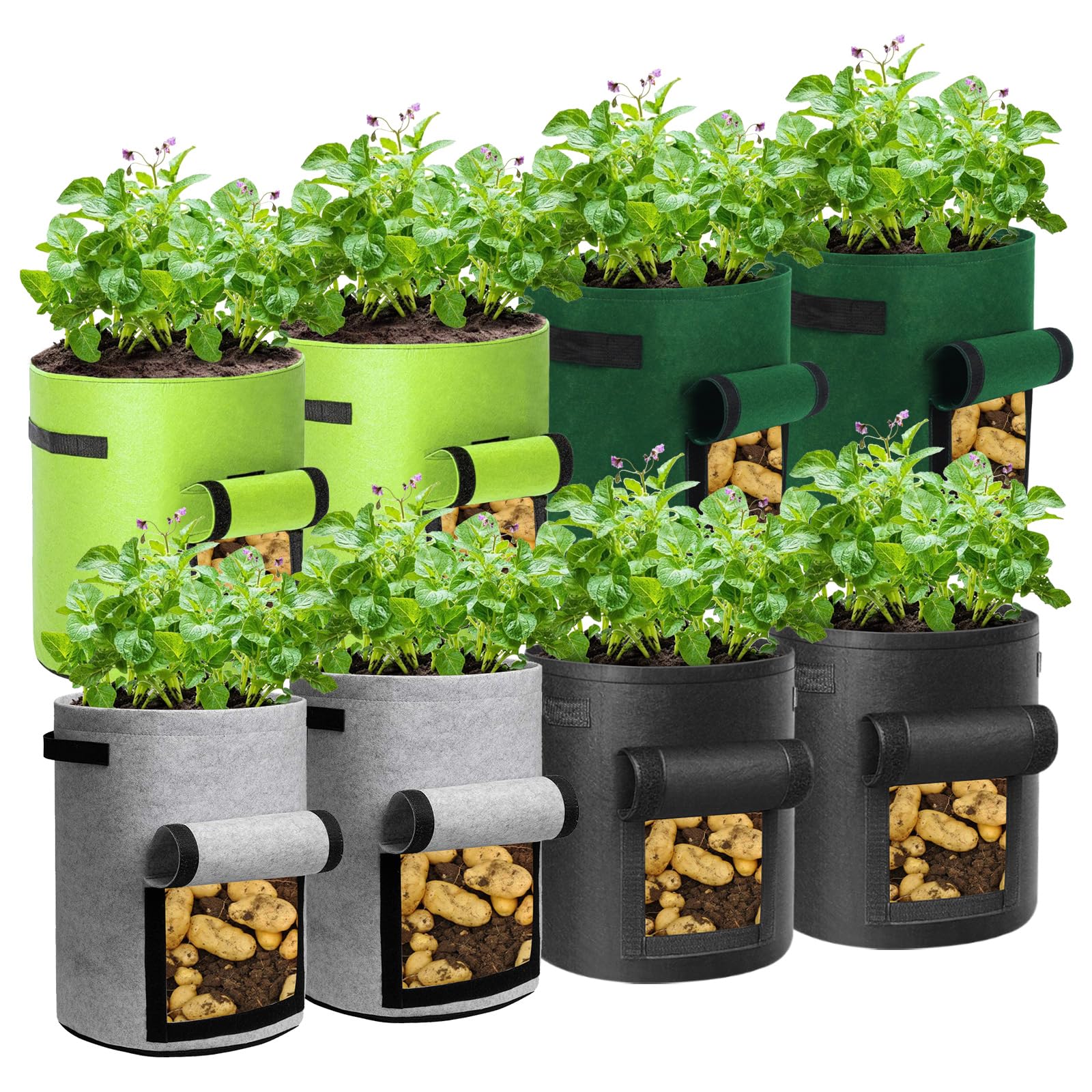 LITLANDSTAR Lot de 8 sacs de culture de pommes de terre de 37 litres robustes en tissu non tissé épais avec fenêtre et poignées, sac de plantation de jardin pour extérieur et intérieur, multicolore
