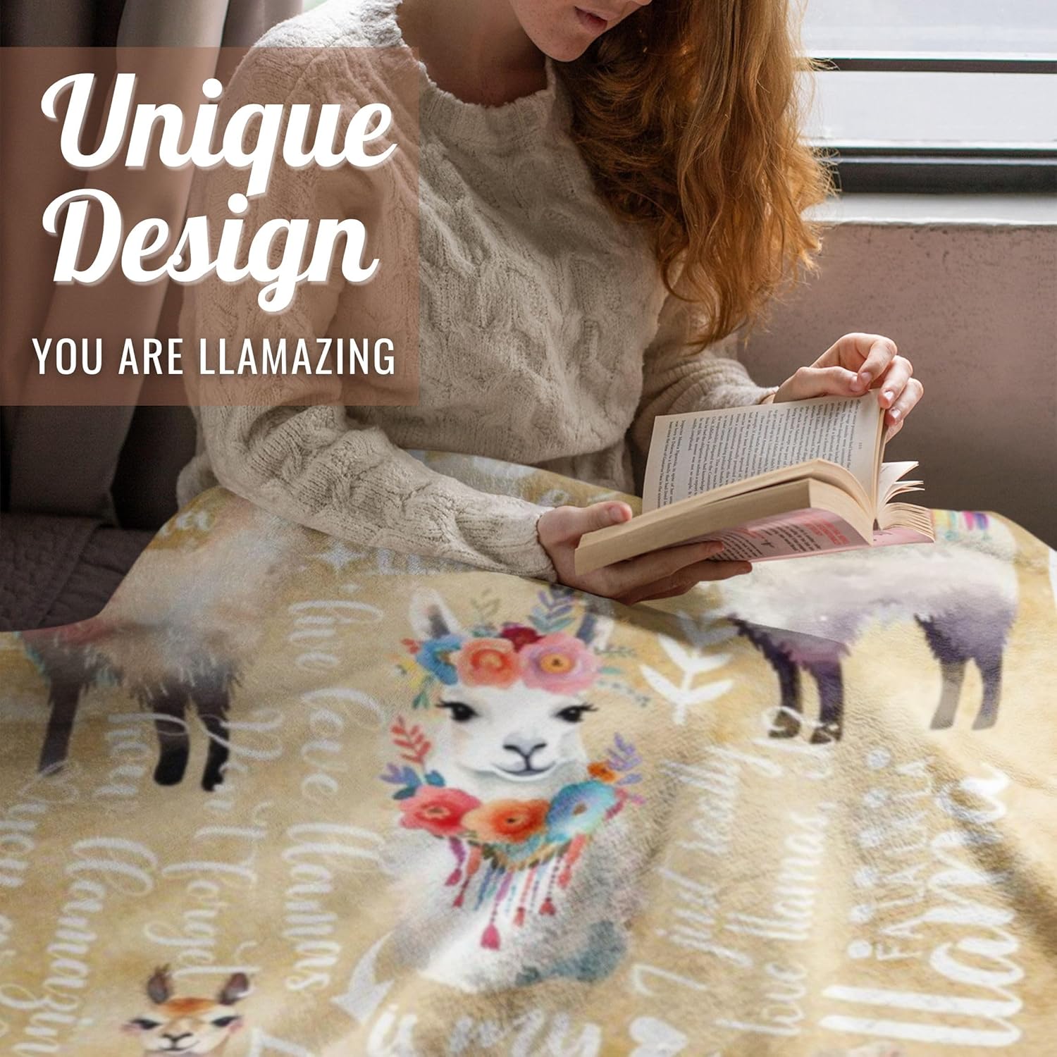 Llama Gifts for Women, Llama AlpacaThrow Blanket for Women, Sister, Daughter, Coworkers, Friends, Light Yellow, 50 x 65 Inches - Image 2