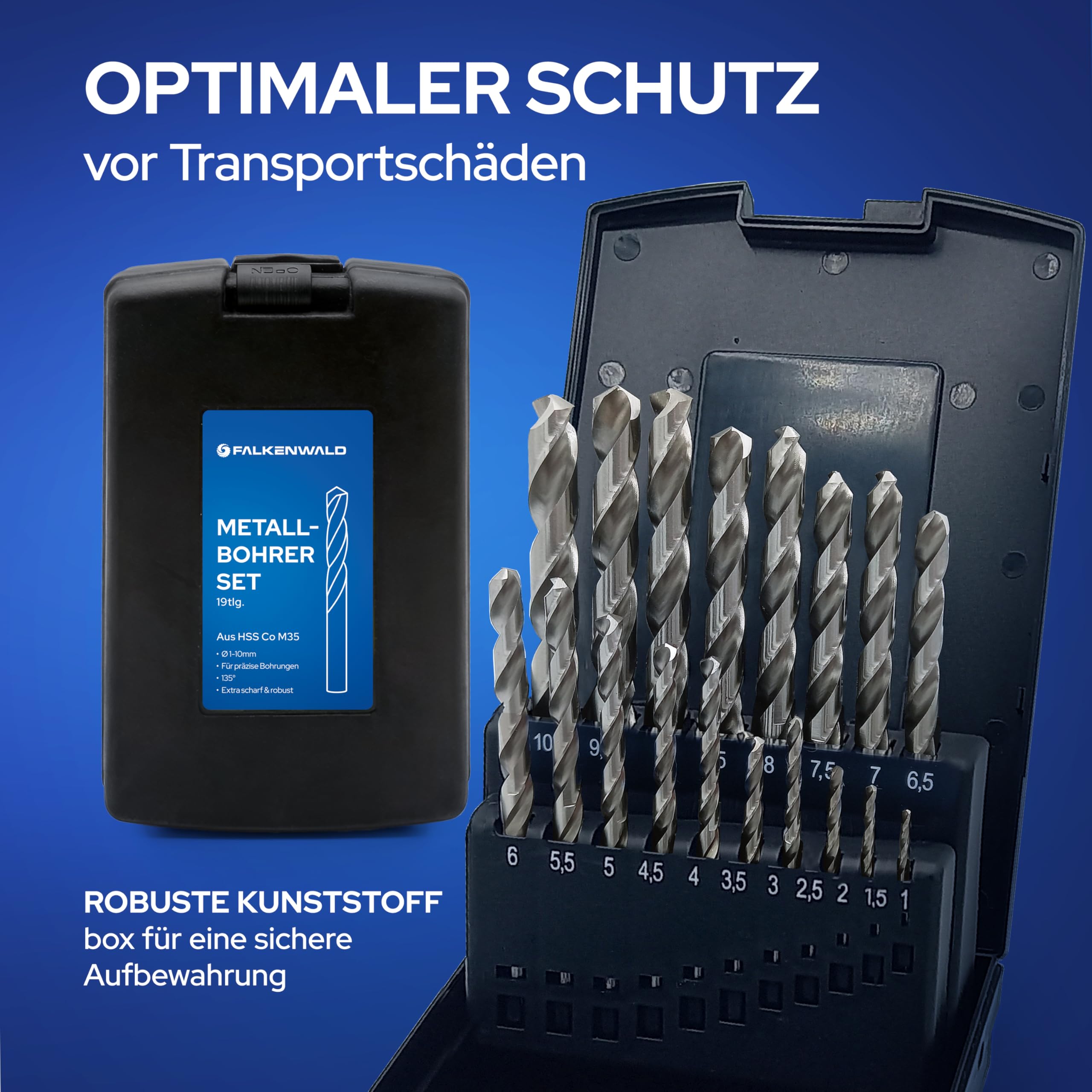 FALKENWALD Metallbohrer Set HSS-Co M35 19-teilig – 5% Kobalt Edelstahlbohrer mit 135° Kreuzanschliff – Profi Spiralbohrer 1–10 mm in 0,5 mm Schritten – inkl. ProBox