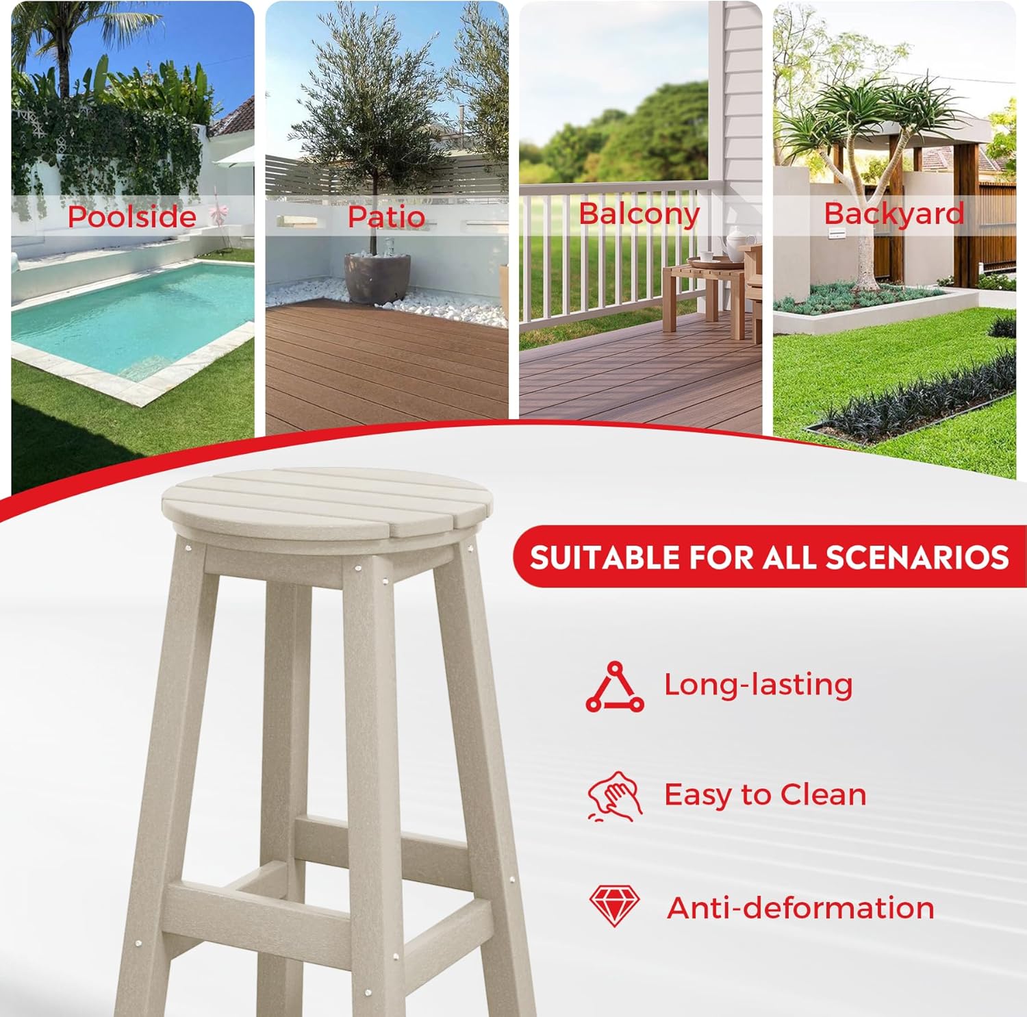Costaelm 29" Height Outdoor Bar Stools, All-Weather Bar Stools, Adirondack Poly Patio Round Bar Stool for Patio, Deck, Kitchen Counter and Garden, Sand