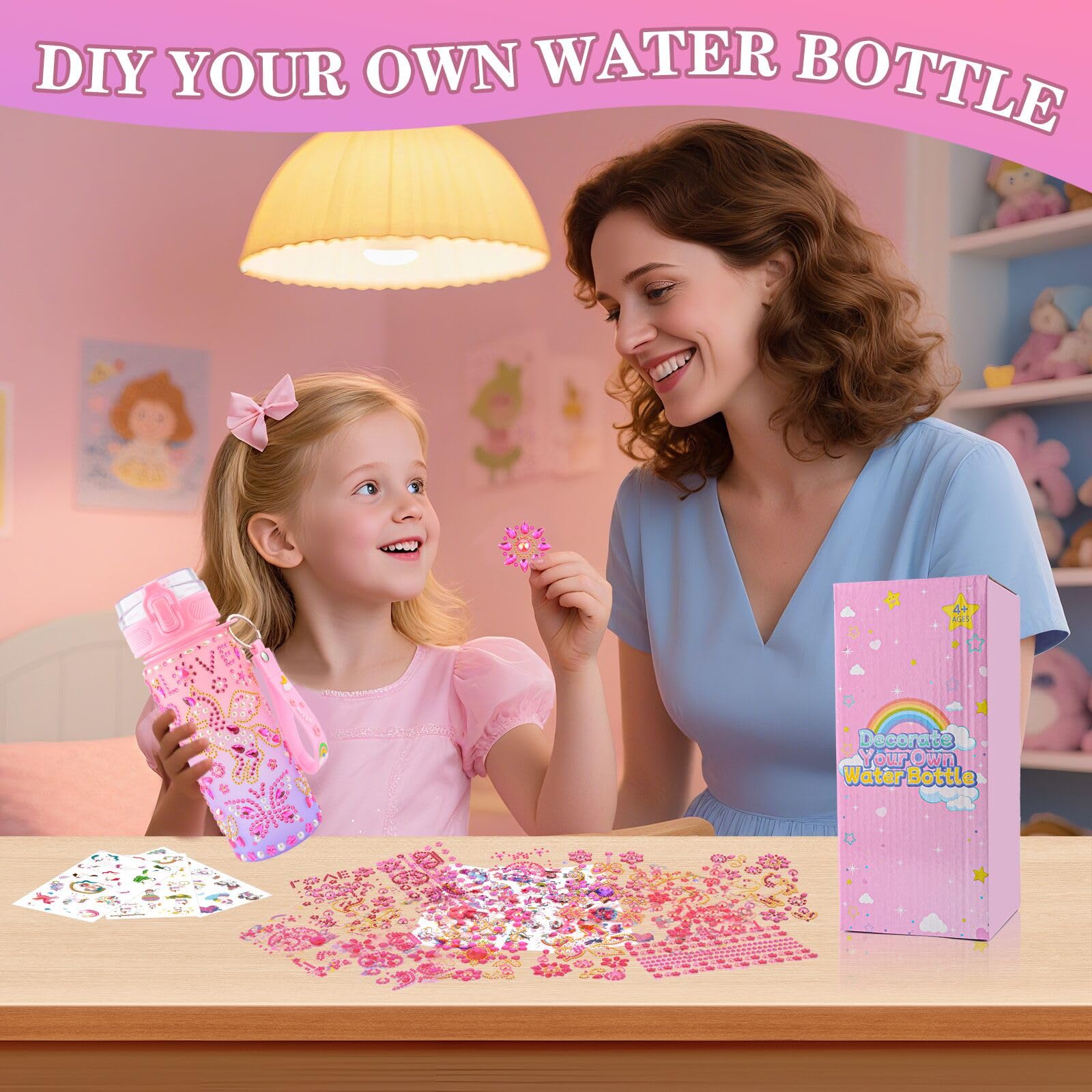 Kit Crea La Tua Bottiglietta D'Acqua Per Ragazze, Regalo Compleanno E Natale Per Bambine 6-10 Anni, Attività Craft, Rosa