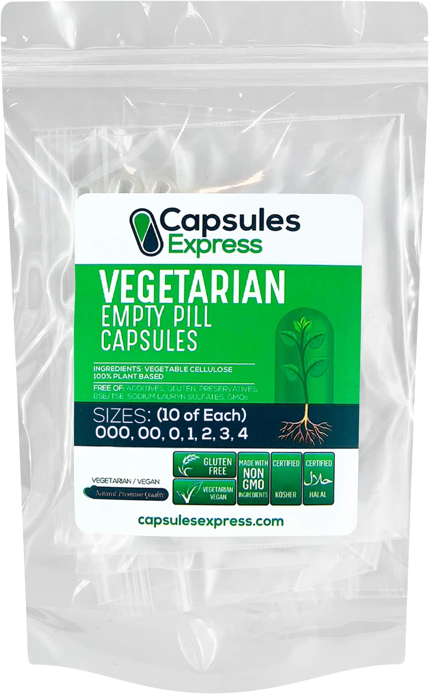 Clear Empty Capsules Sample Pack - Ten Each of Sizes 000, 00, 0, 1, 2, 3, 4 - Empty Capsules - Pill Capsule - Vegetarian Vegan Caps DIY Supplement Filling