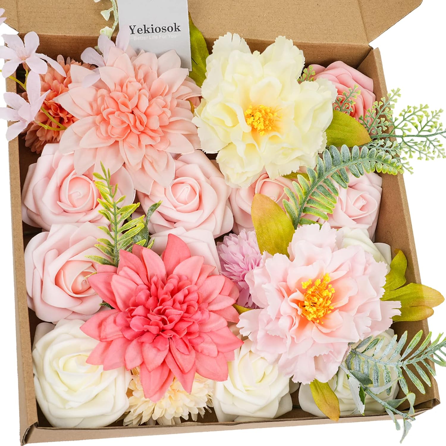 Yekiosok Artificial Flowers Box Set Charming Pink Foam Roses Silk Flowers with Stems for DIY