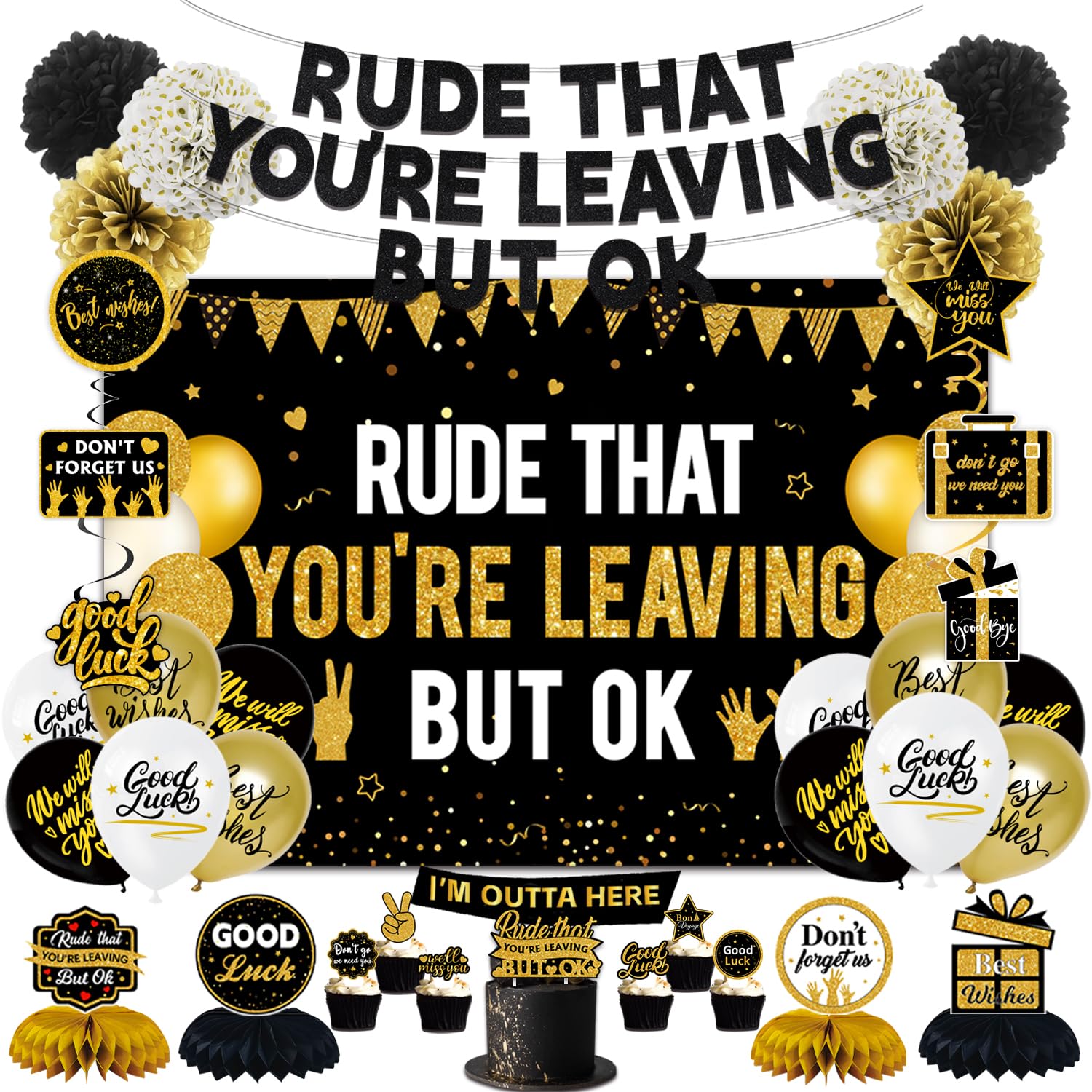 NUTTYBASH Farewell Decorations Party for Men Women, Rude That You're Leaving But OK Banner Backdrop Honeycomb Centerpiece, We Will Miss You