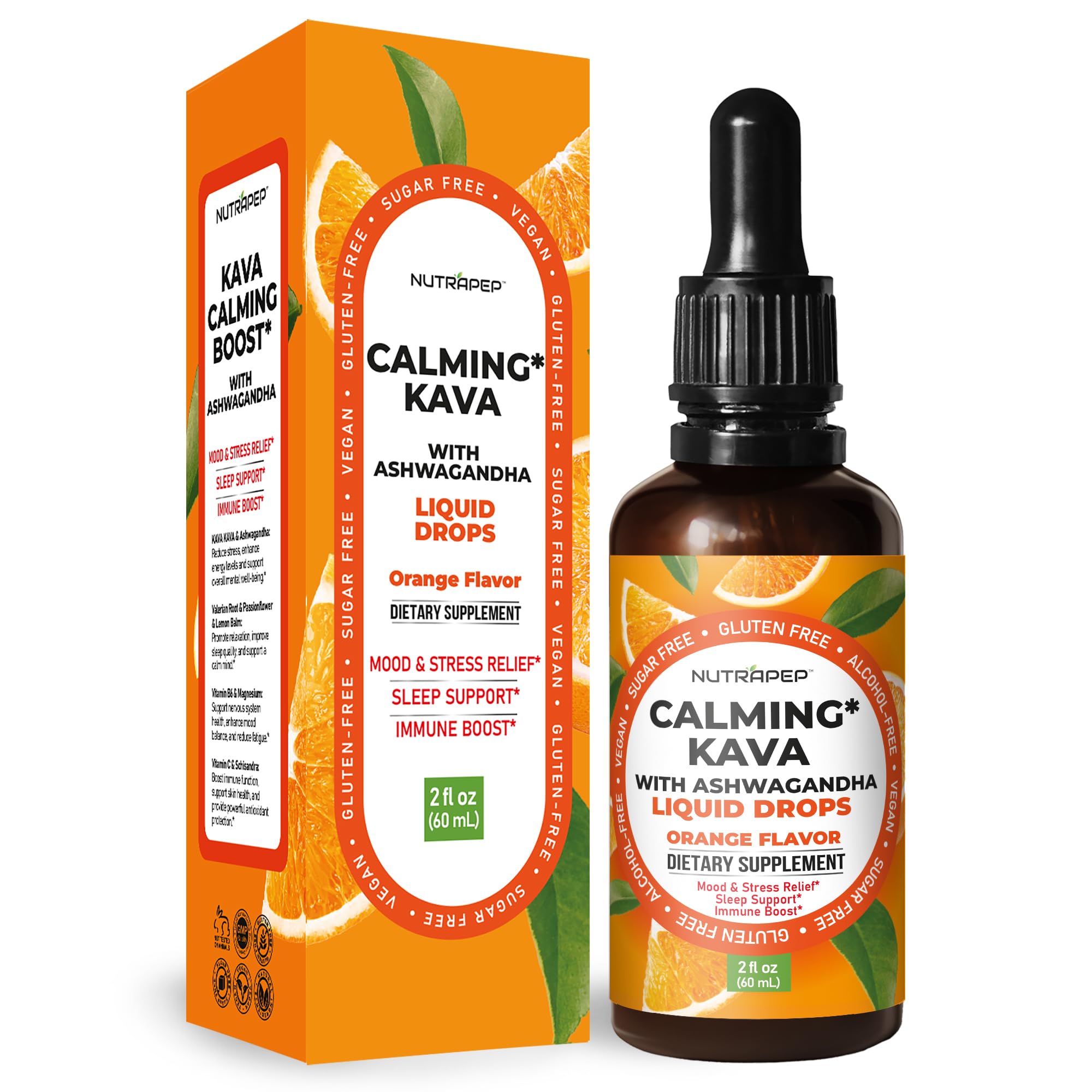 Kava Ashwagandha Extract Liquid Drops - Calming Adaptogen Supplement with Valerian Root Passionflower Lemon Balm for Mood Sleep Stress Support - Alcohol-Free Vegan Gluten-Free Non-GMO