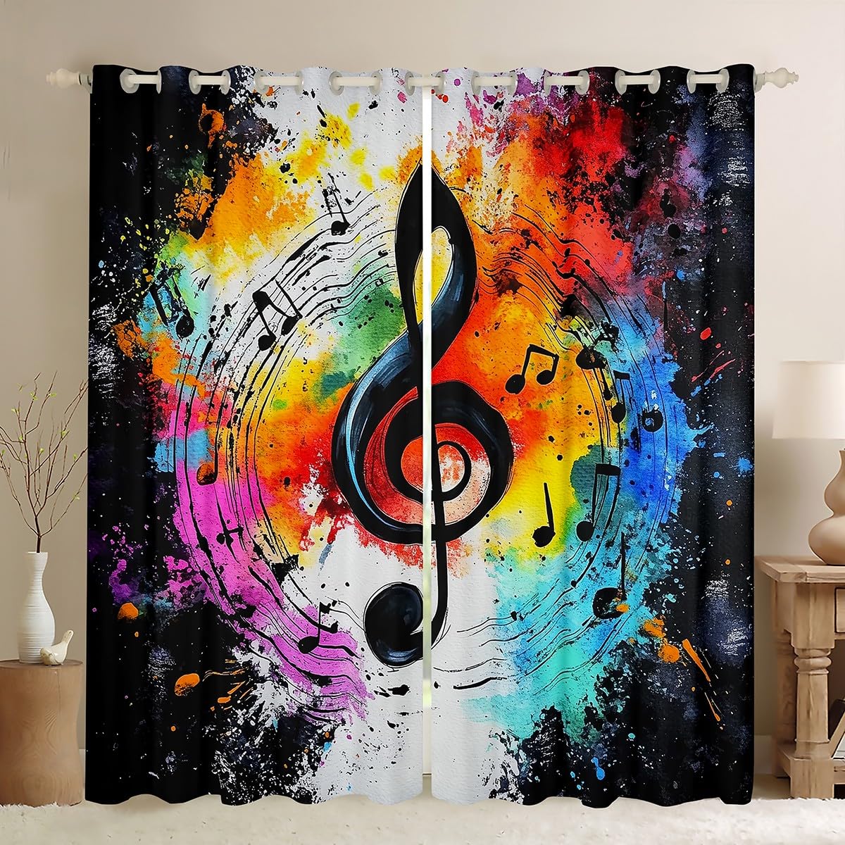 Cortinas de ventana para niños, diseño de graffiti teñido anudado, moderno, para niños y niñas, tema de música hip pop, rock, negro, blanco, tratamiento de ventana, juego de 2 paneles con
