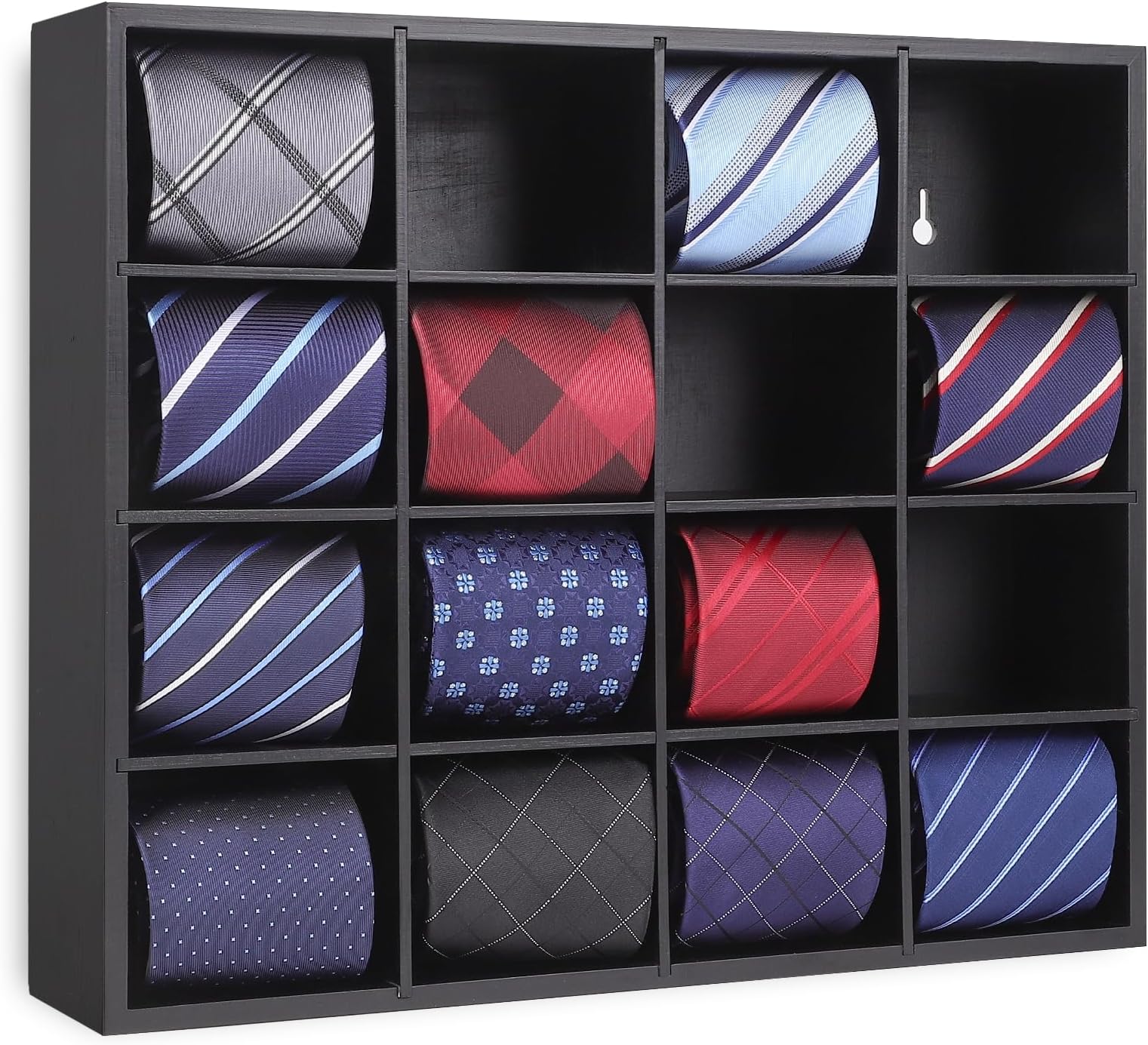 Tie Rack Organizer - Wall Mounted Tie Rack with 16 Compartments, Tie Storage Box for Men's Bedroom or Wardrobe (Black)