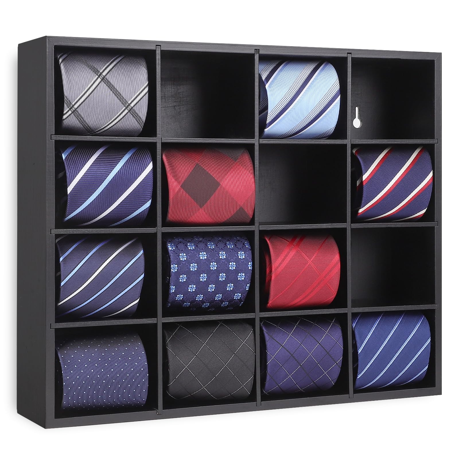 Ribgwo Tie Organizer Wall Mounted Tie rack,Tie box for Men,Tie Storage Box Organizer with 16 Compartments，Tie Display Racks for Bedroom, changing room