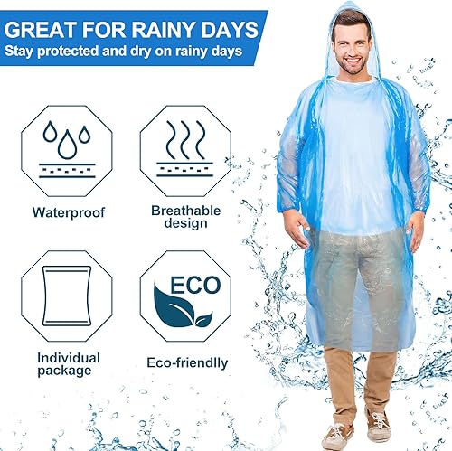 Miniatura 6 de Handepo Paquete de 100 ponchos de lluvia para adultos con capucha, ponchos de lluvia desechables de plástico, poncho de emergencia para adultos,