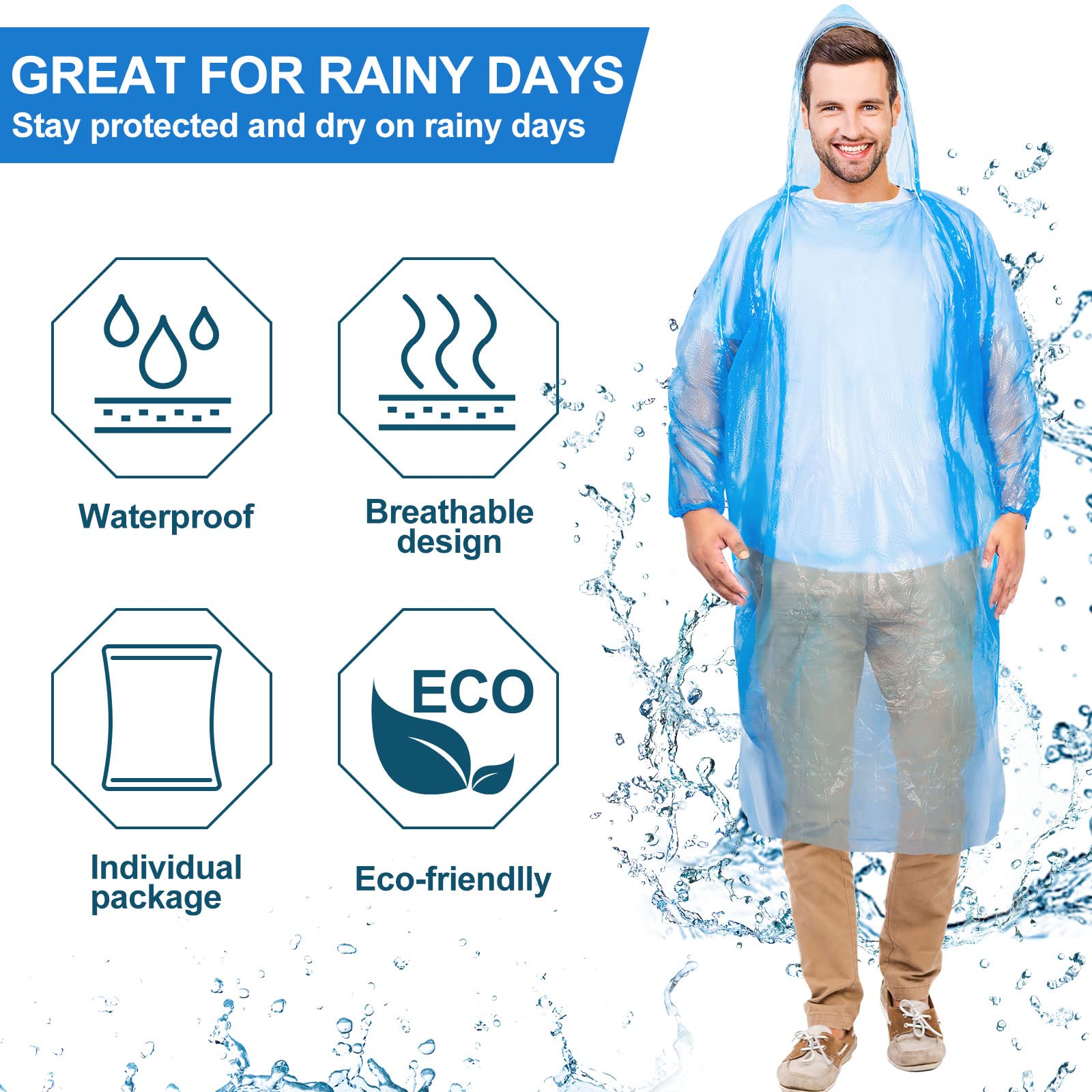 Handepo 100 Pack of Adult Rain Ponchos with Hood Disposable Rain Ponchos Plastic Emergency Raincoat Poncho for Adult Men Women