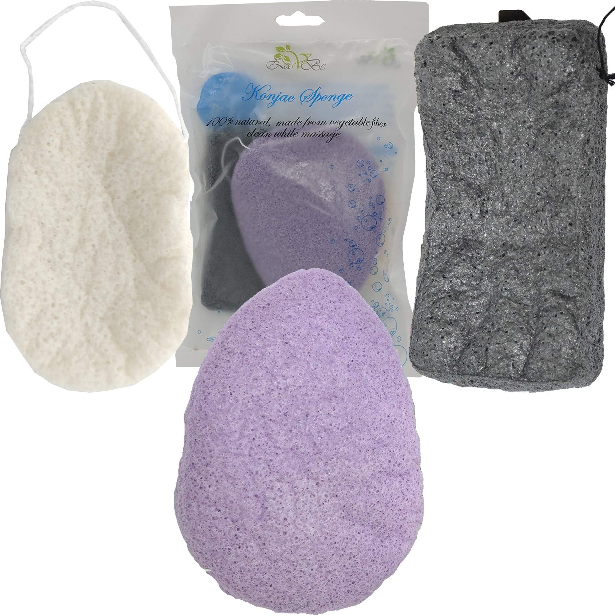 Konjac Sponge Set - Organic Skincare face body Exfoliating and Deep Pore Cleansing 3 LARGE Piece Pack Infused with Activated Charcoal and Natural colors