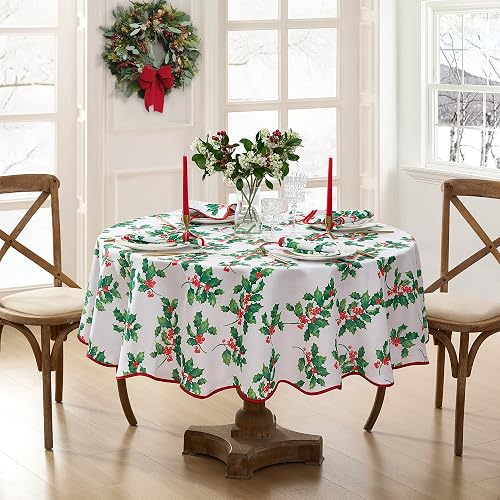 Elrene Home Fashions Vintage Holly Scalloped Edge Border Christmas/Holiday Wrinkle